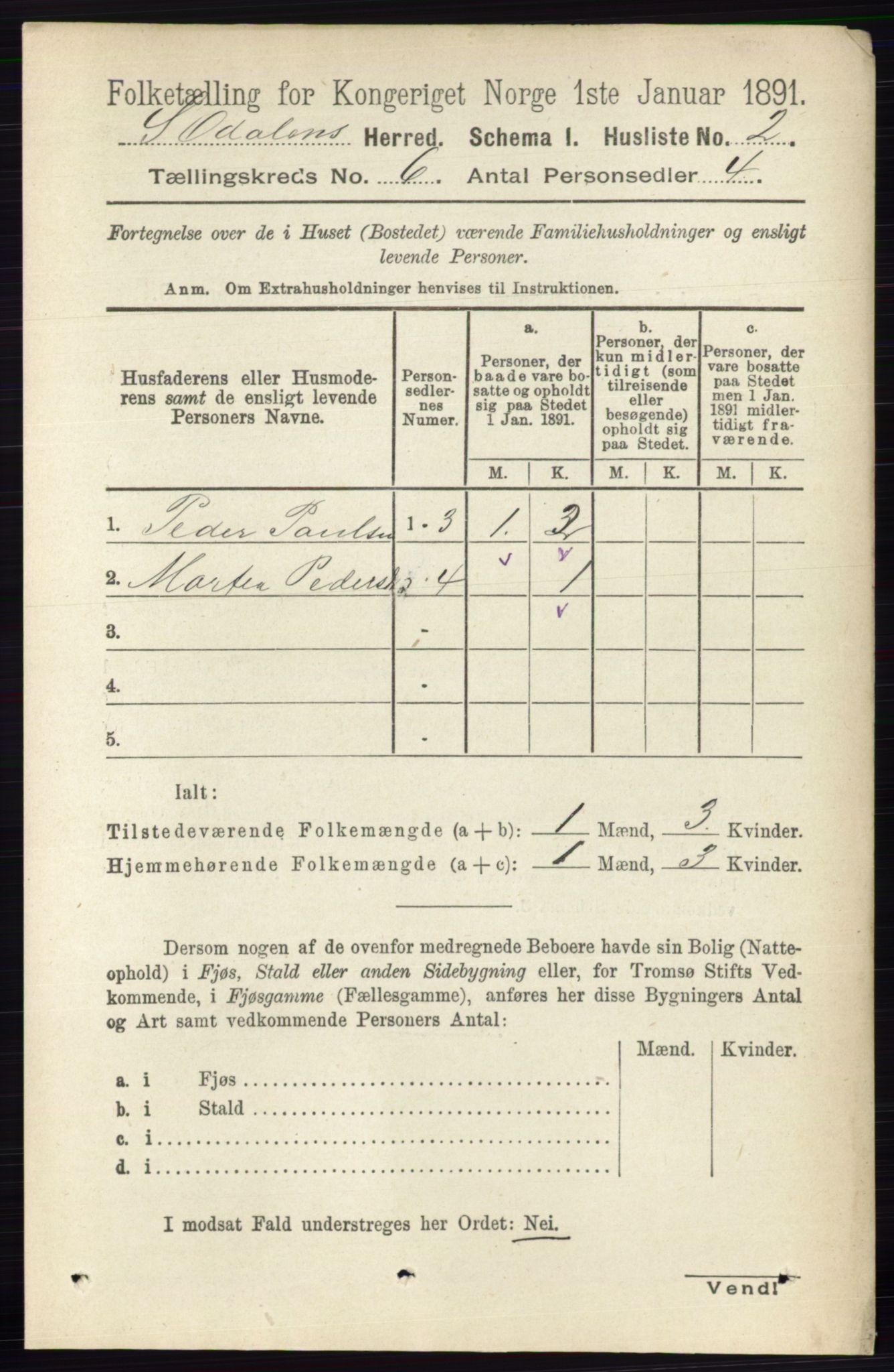 RA, 1891 census for 0419 Sør-Odal, 1891, p. 2688