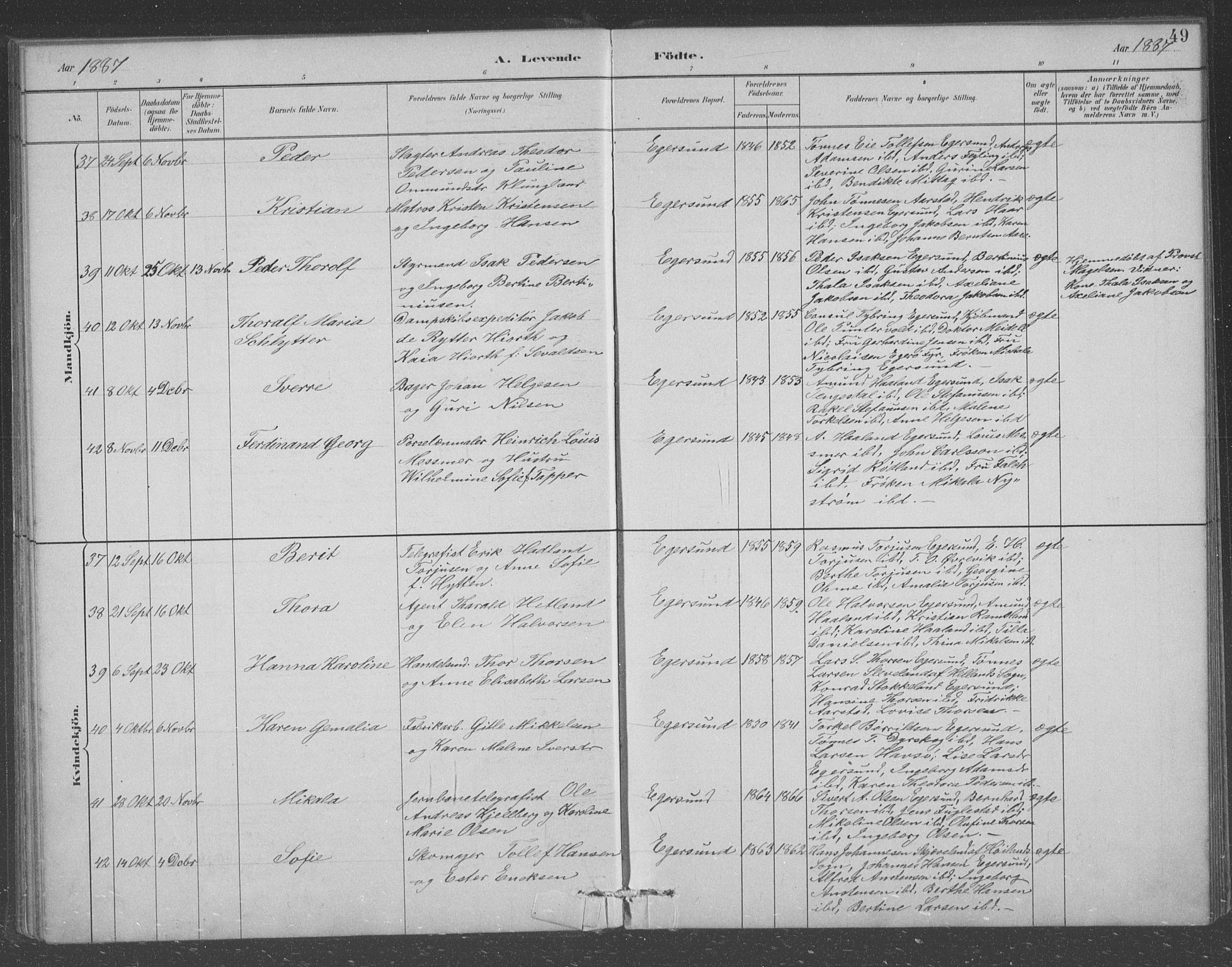 Eigersund sokneprestkontor, AV/SAST-A-101807/S09/L0008: Parish register (copy) no. B 8, 1882-1892, p. 49