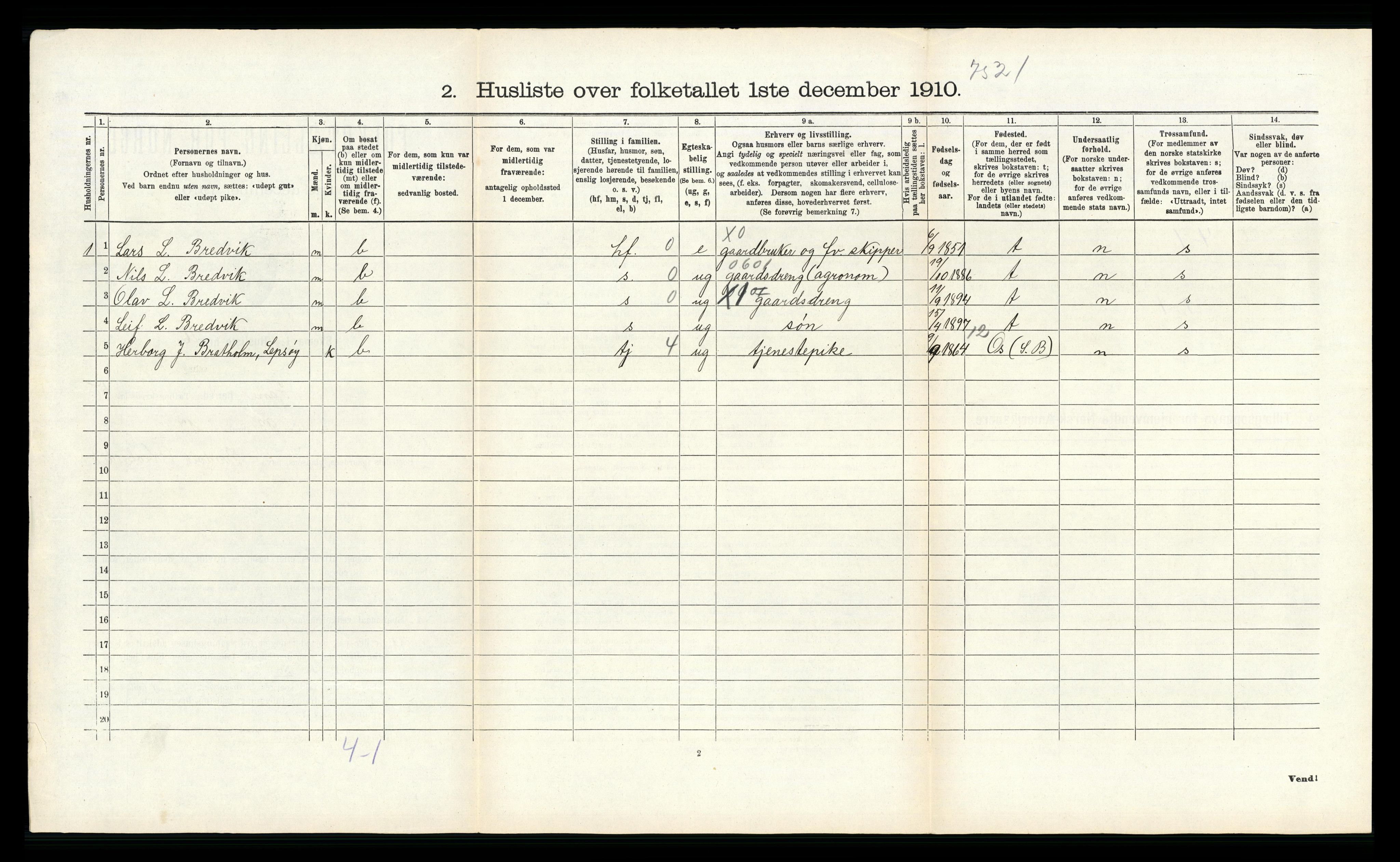 RA, 1910 census for Fana, 1910, p. 582