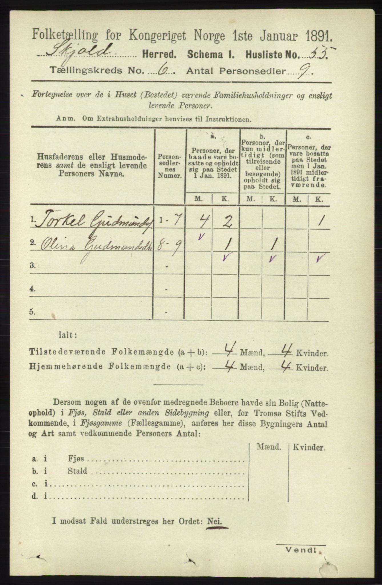 RA, 1891 census for 1154 Skjold, 1891, p. 1004