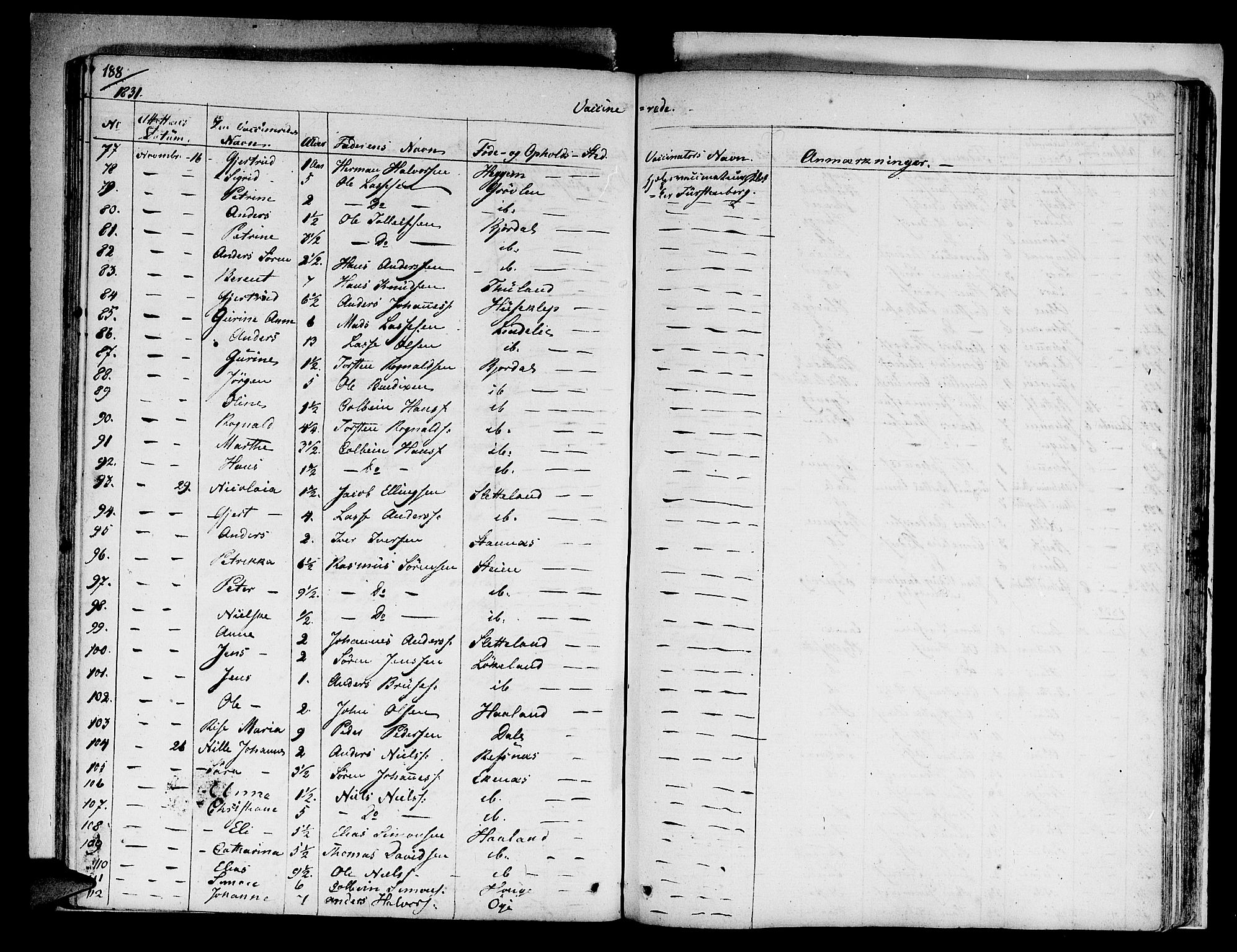 Fjaler sokneprestembete, AV/SAB-A-79801/H/Haa/Haaa/L0005: Parish register (official) no. A 5, 1821-1835, p. 188