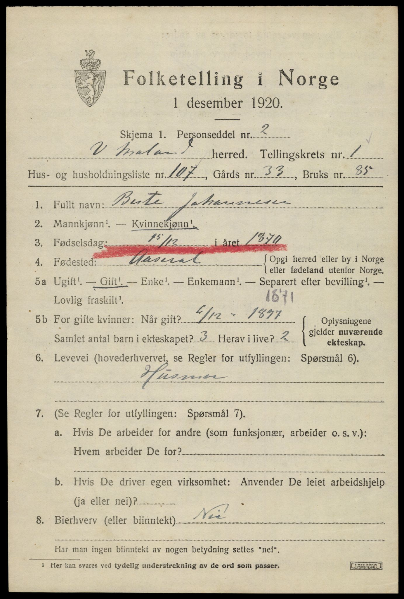 SAK, 1920 census for Vestre Moland, 1920, p. 2039