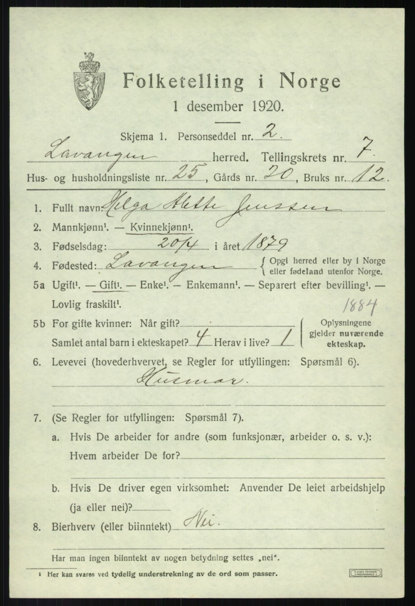 SATØ, 1920 census for Lavangen, 1920, p. 3043