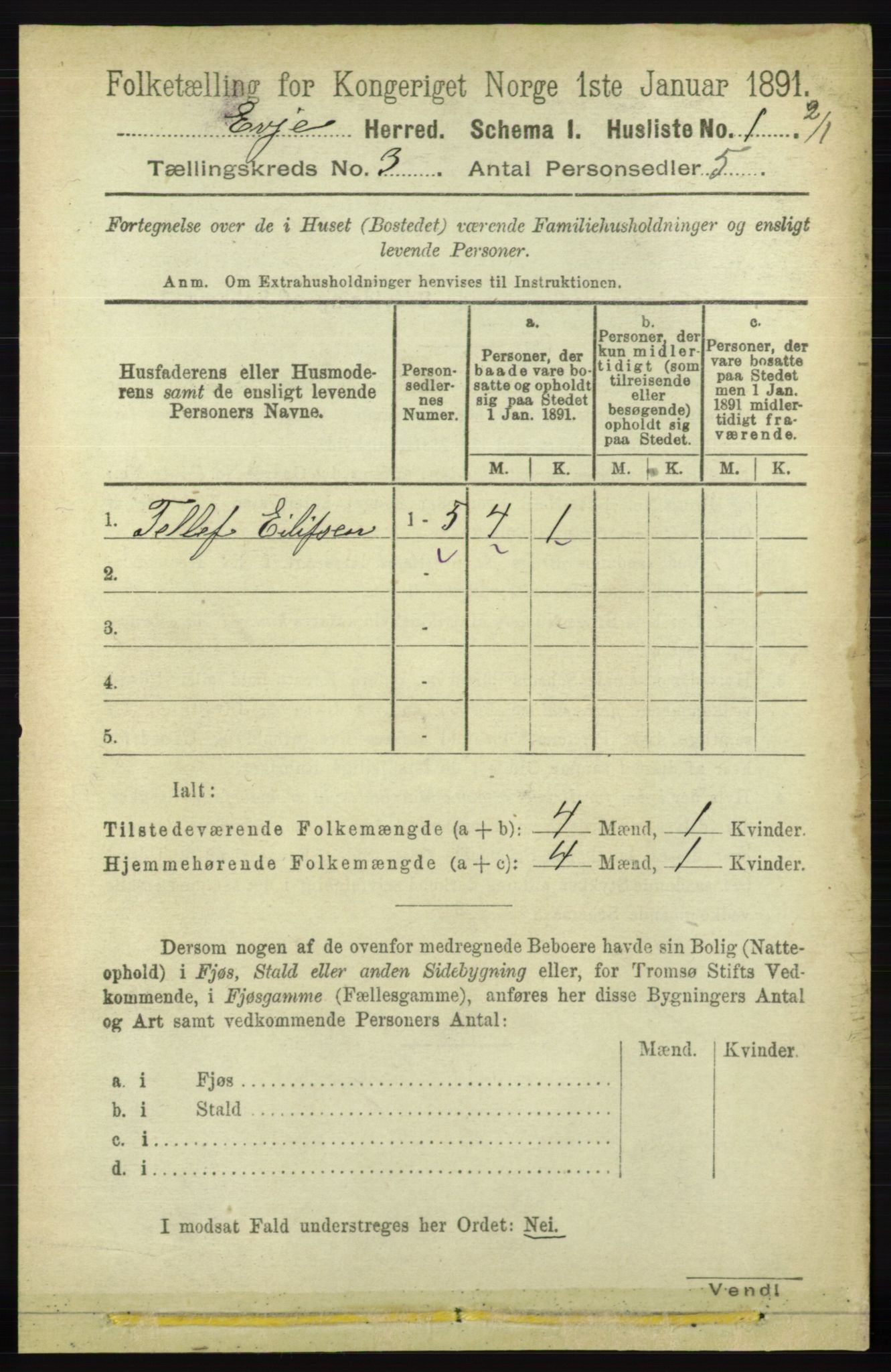 RA, 1891 census for 0937 Evje, 1891, p. 616