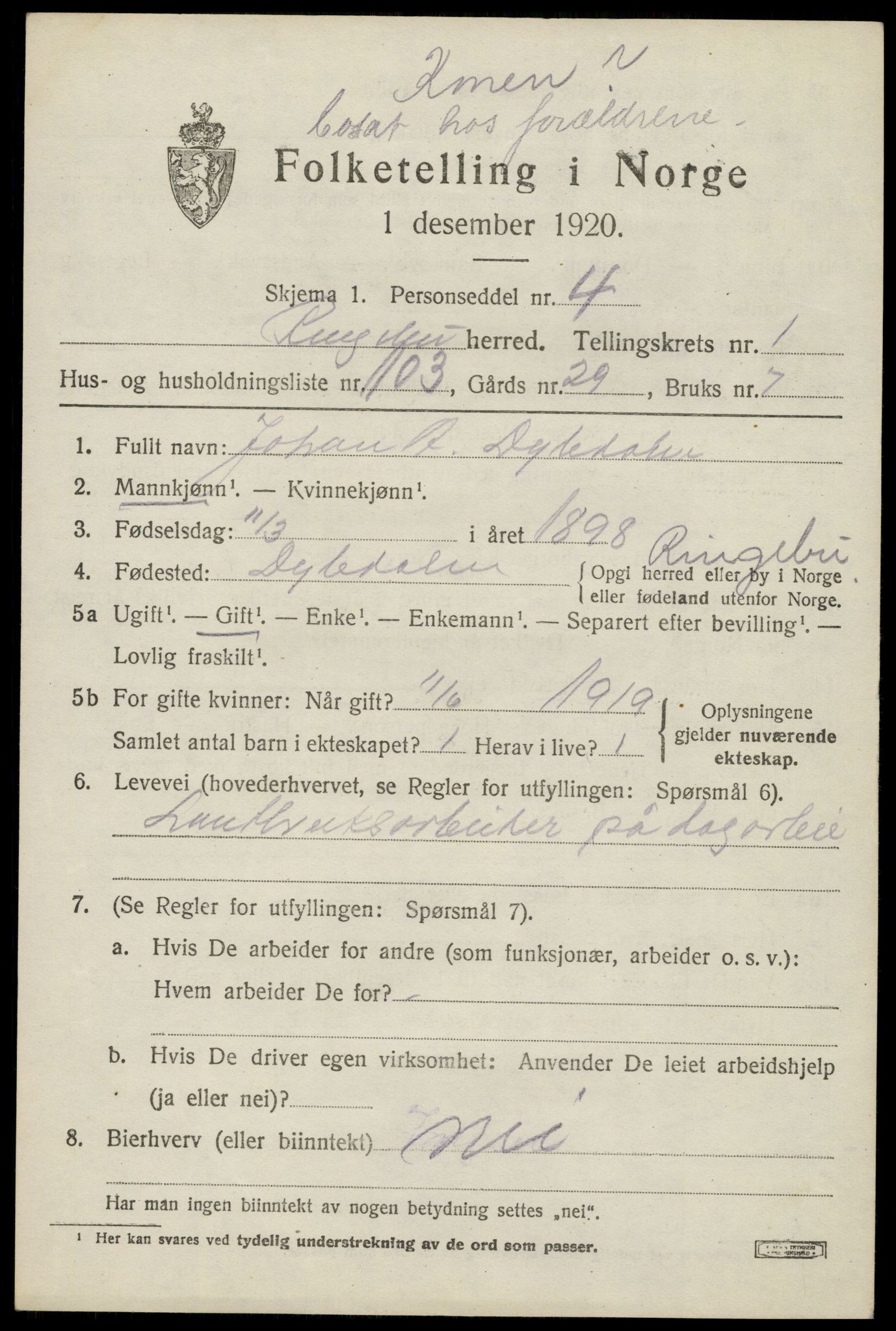 SAH, 1920 census for Ringebu, 1920, p. 2655