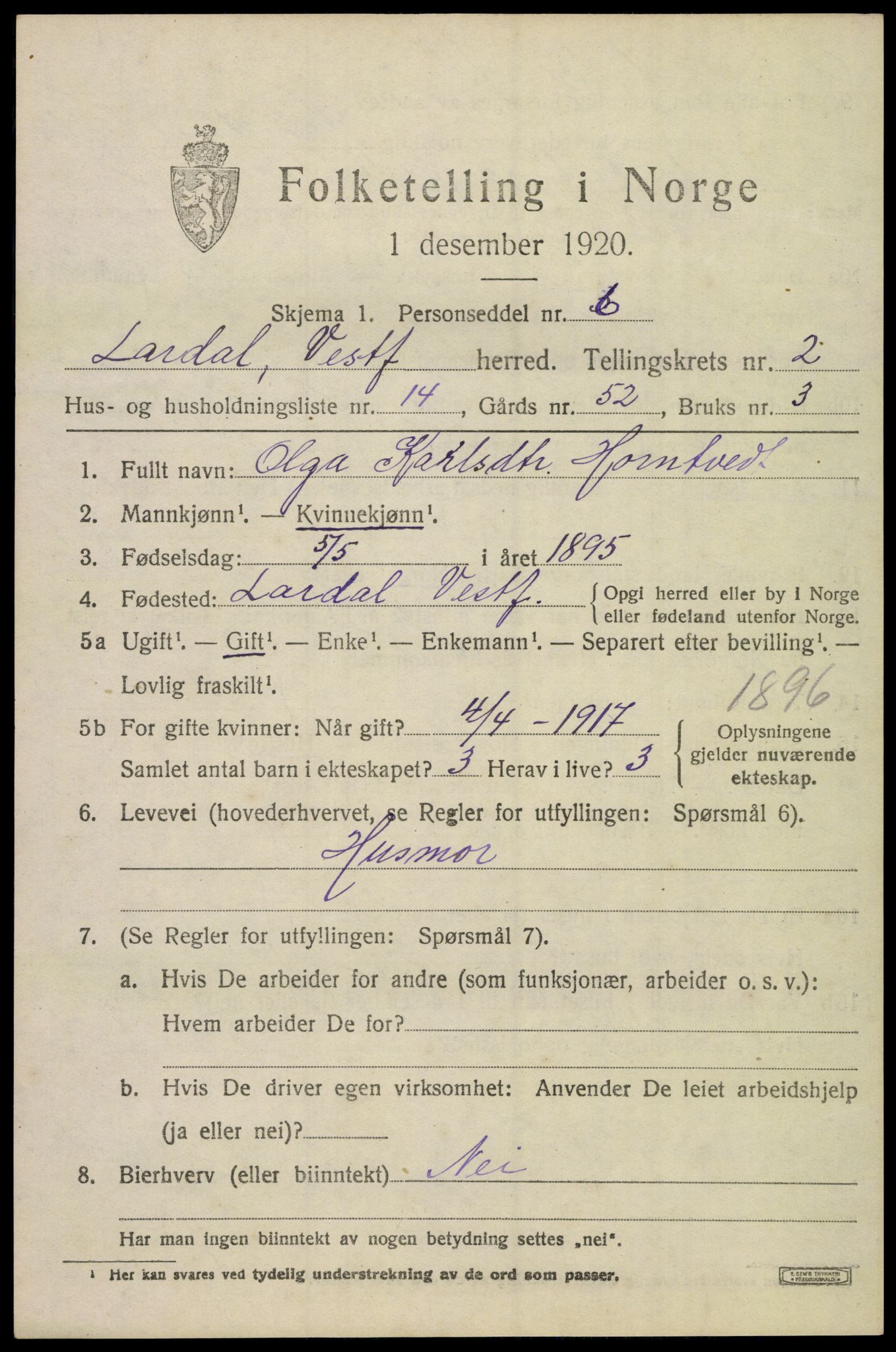 SAKO, 1920 census for Lardal, 1920, p. 2141