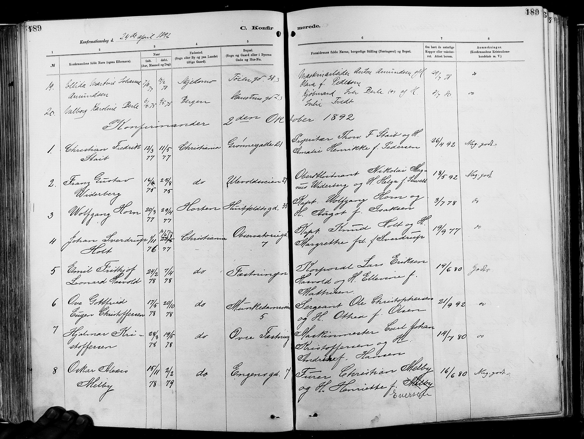 Garnisonsmenigheten Kirkebøker, AV/SAO-A-10846/F/Fa/L0012: Parish register (official) no. 12, 1880-1893, p. 189