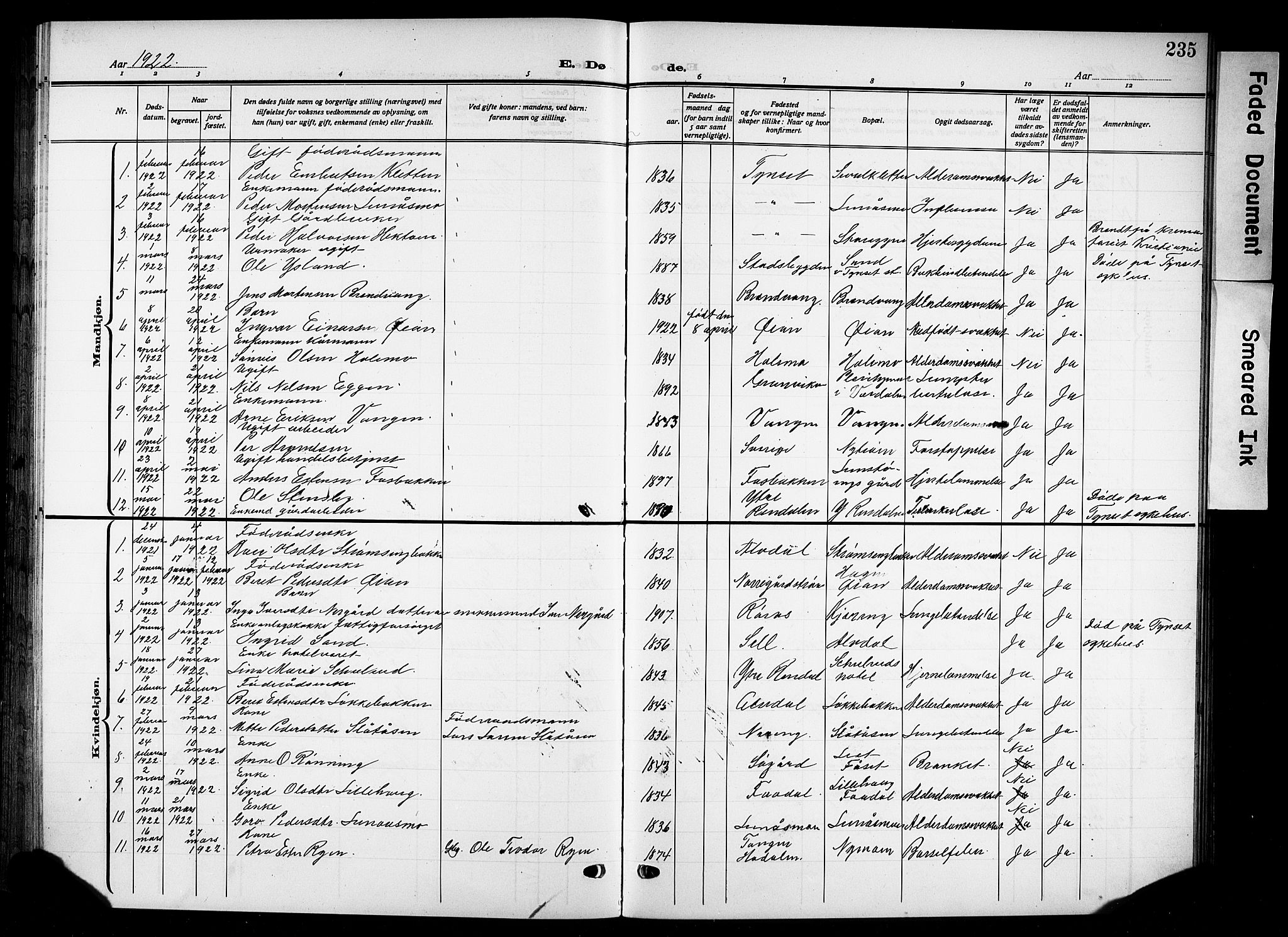 Tynset prestekontor, AV/SAH-PREST-058/H/Ha/Hab/L0011: Parish register (copy) no. 11, 1915-1930, p. 235