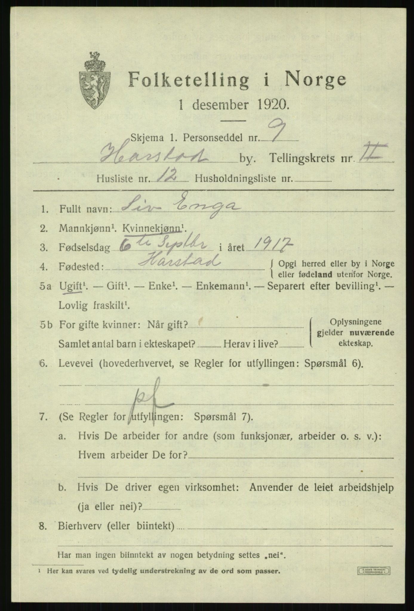 SATØ, 1920 census for Harstad, 1920, p. 3262