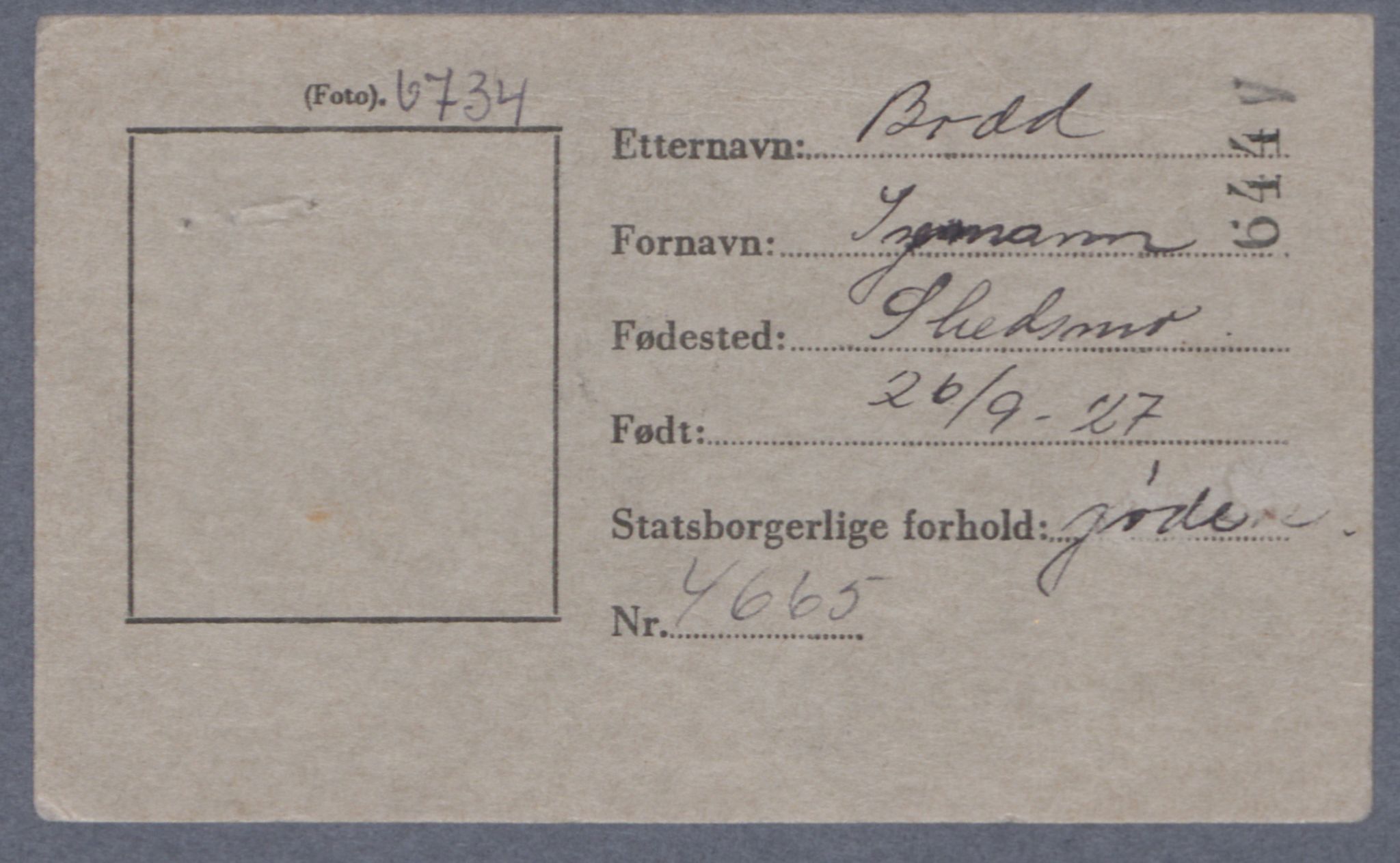 Sosialdepartementet, Våre Falne, RA/S-1708/E/Ee/L0021A: Fotografier av jøder på legitimasjonskort (1941-42), 1941-1942, p. 55