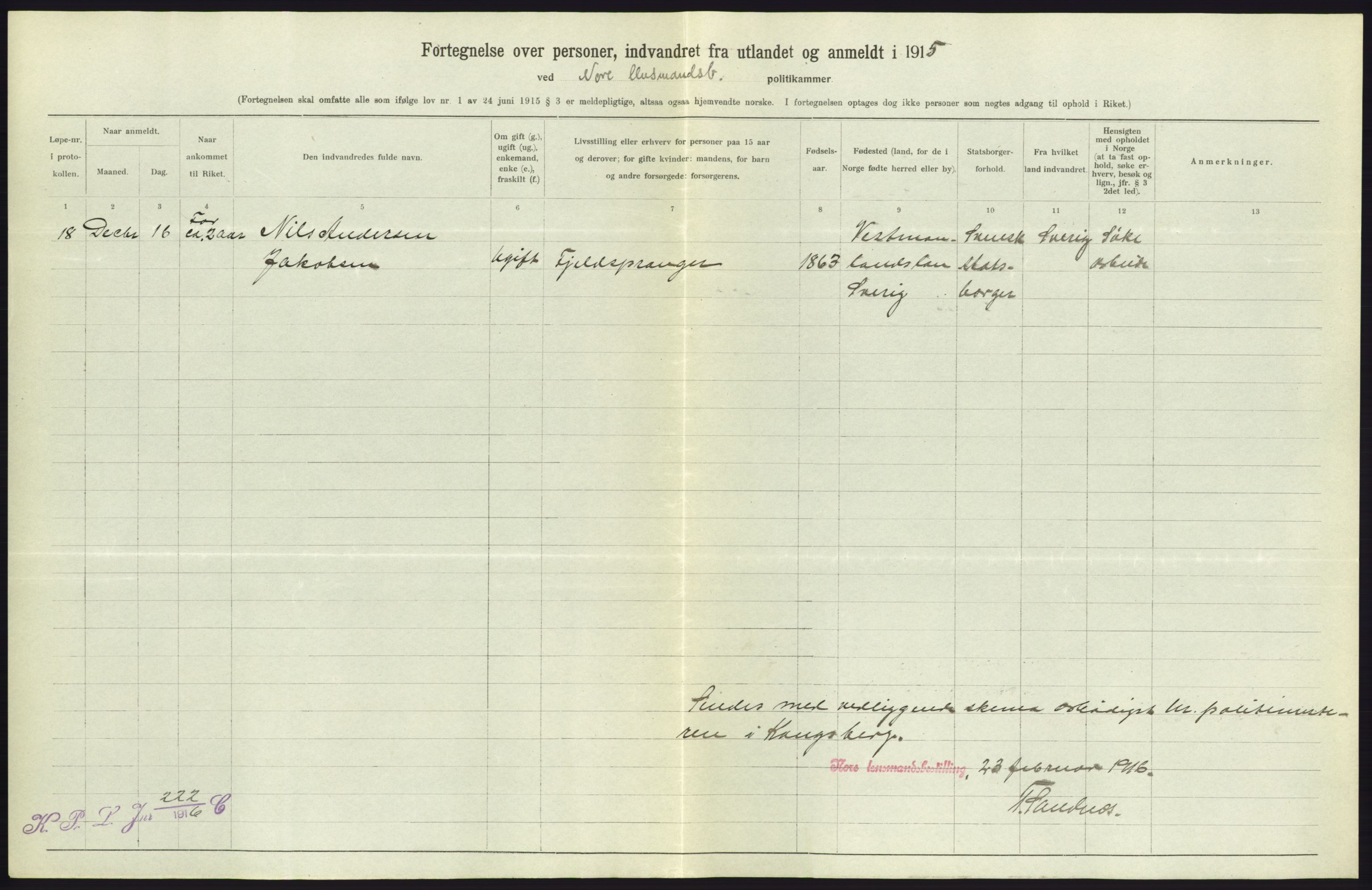 Statistisk sentralbyrå, Sosioøkonomiske emner, Folketellinger, boliger og boforhold, AV/RA-S-2231/F/Fa/L0001: Innvandring. Navn/fylkesvis, 1915, p. 300