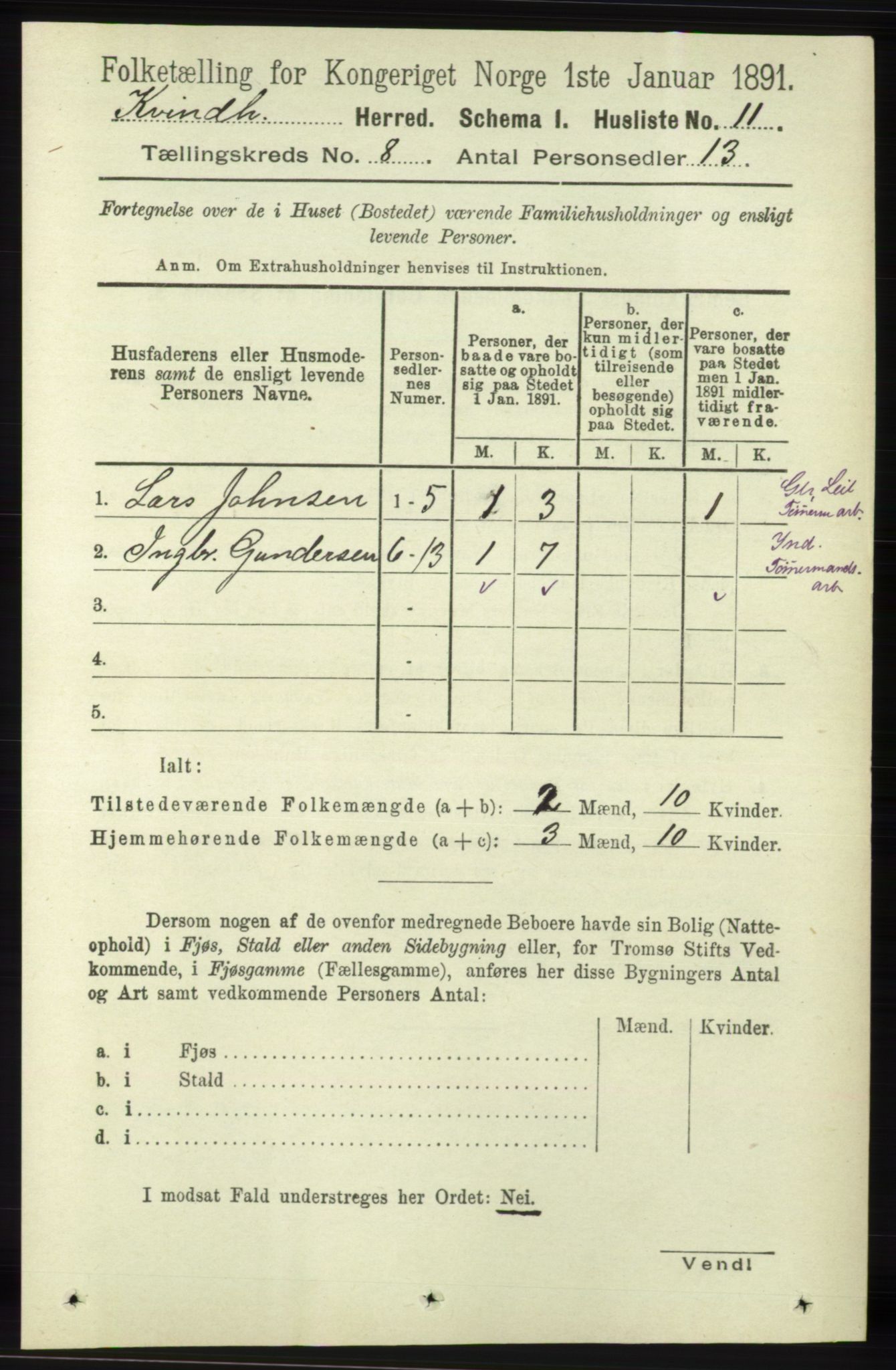 RA, 1891 census for 1224 Kvinnherad, 1891, p. 2932