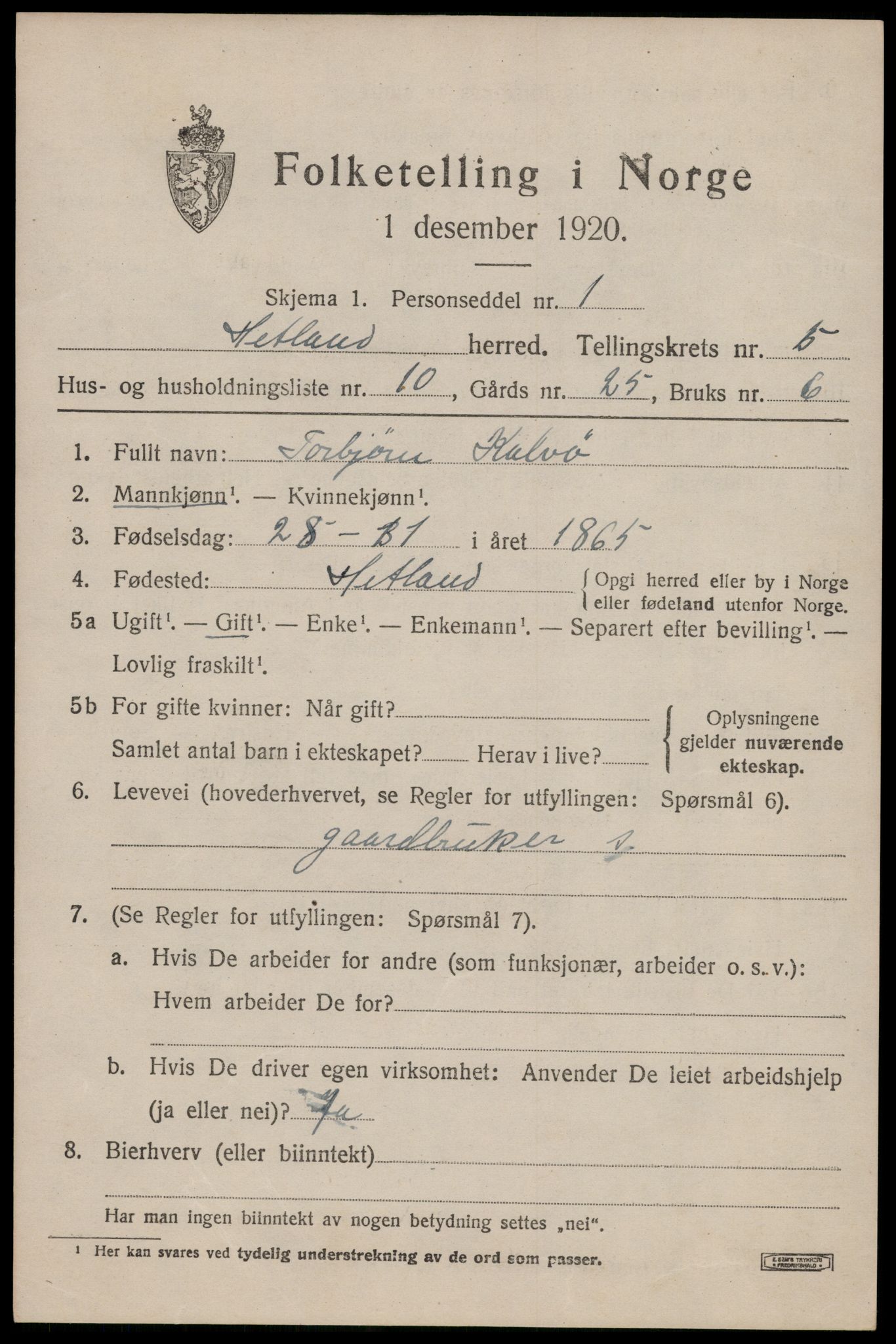 SAST, 1920 census for Hetland, 1920, p. 8489