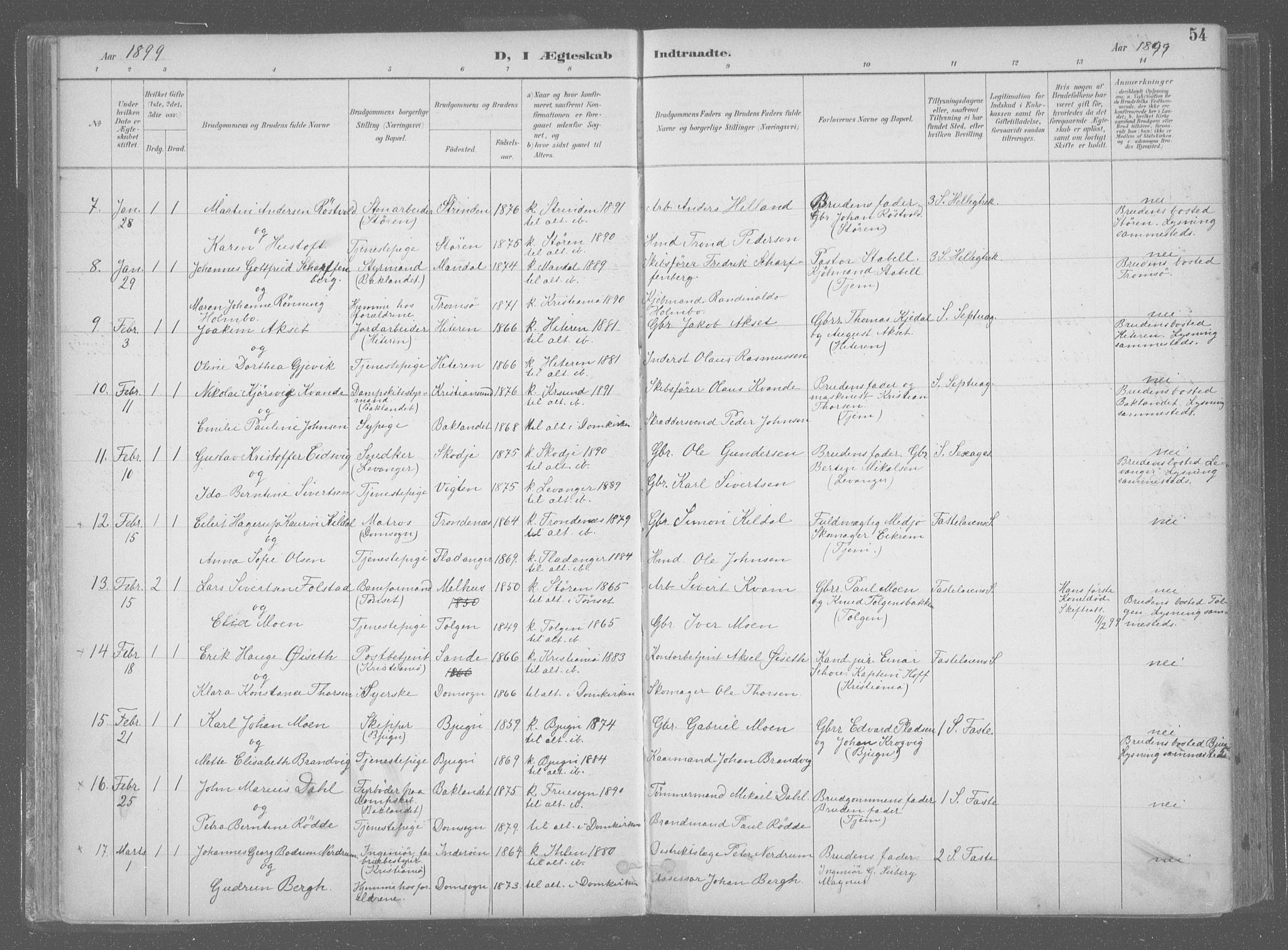 Ministerialprotokoller, klokkerbøker og fødselsregistre - Sør-Trøndelag, AV/SAT-A-1456/601/L0064: Parish register (official) no. 601A31, 1891-1911, p. 54