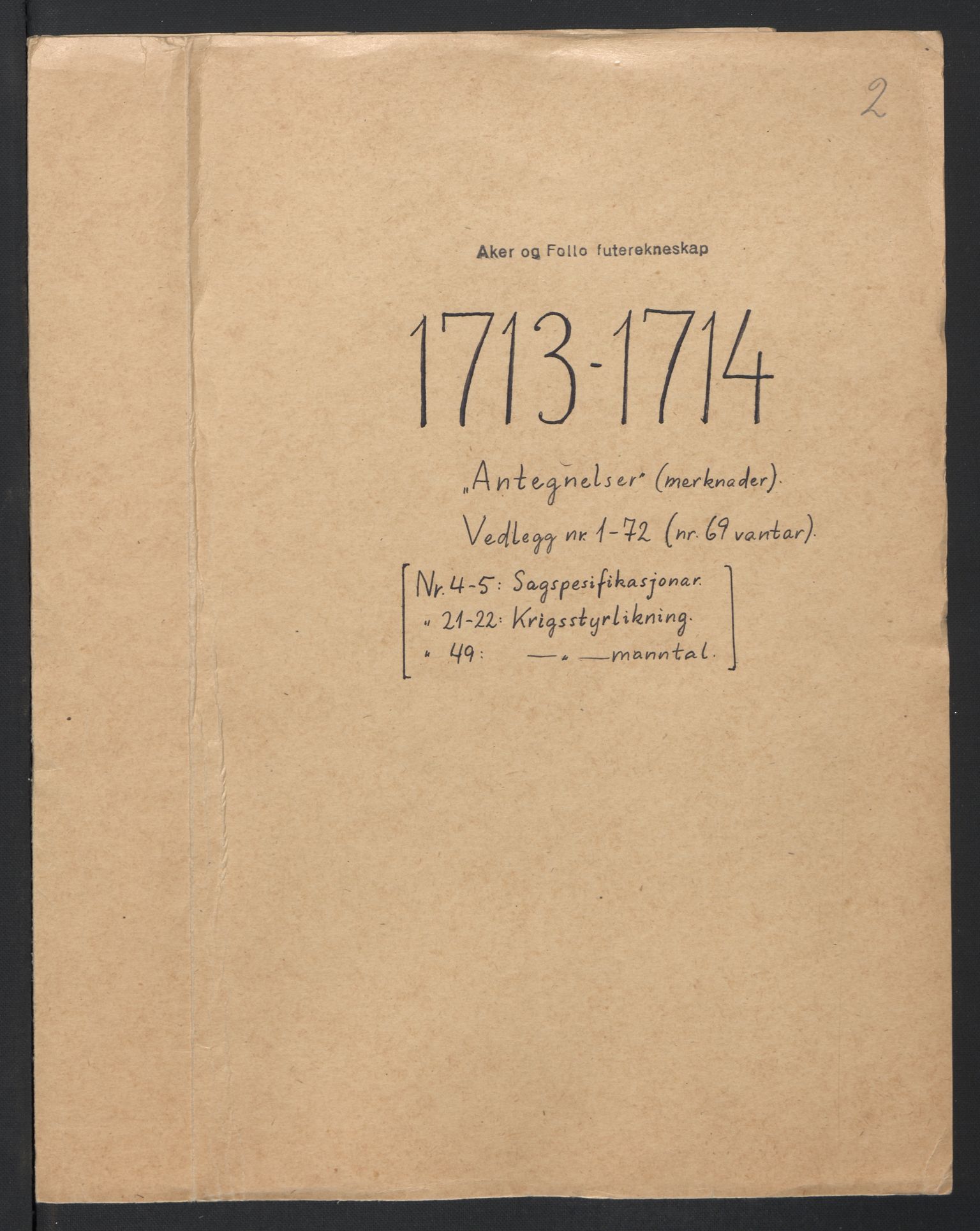 Rentekammeret inntil 1814, Reviderte regnskaper, Fogderegnskap, AV/RA-EA-4092/R10/L0452: Fogderegnskap Aker og Follo, 1714, p. 2