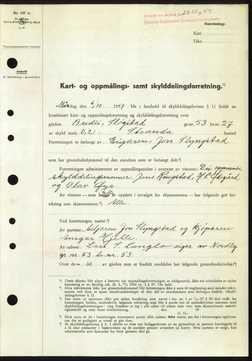 Nordre Sunnmøre sorenskriveri, AV/SAT-A-0006/1/2/2C/2Ca: Mortgage book no. A26, 1947-1948, Diary no: : 2355/1947