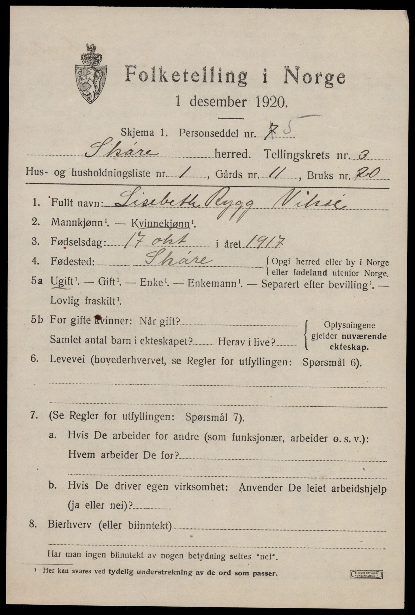 SAST, 1920 census for Skåre, 1920, p. 1632