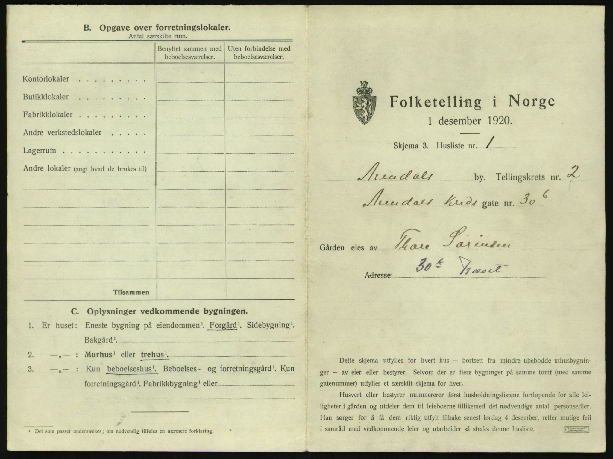 SAK, 1920 census for Arendal, 1920, p. 204