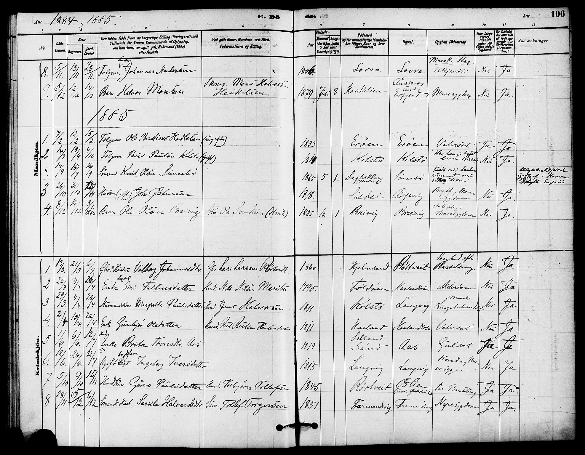Jelsa sokneprestkontor, SAST/A-101842/01/IV: Parish register (official) no. A 9, 1878-1898, p. 106