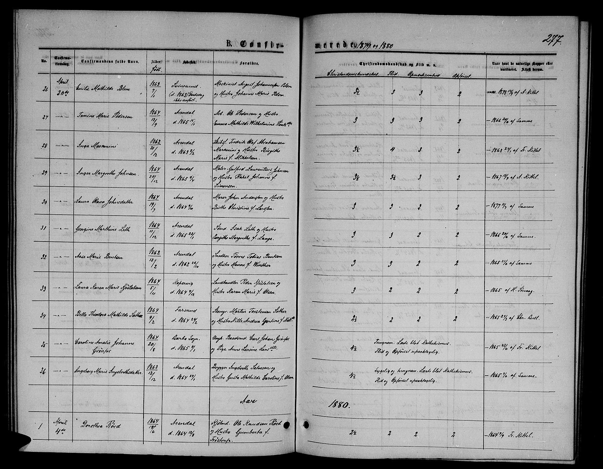 Arendal sokneprestkontor, Trefoldighet, AV/SAK-1111-0040/F/Fb/L0005: Parish register (copy) no. B 5, 1874-1888, p. 277