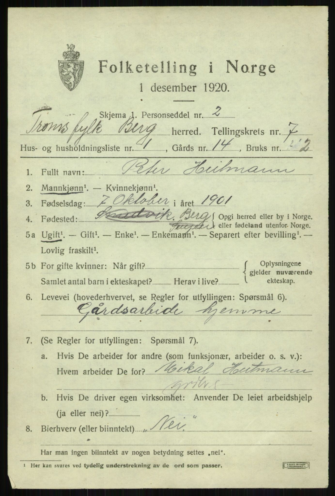 SATØ, 1920 census for Berg, 1920, p. 2434