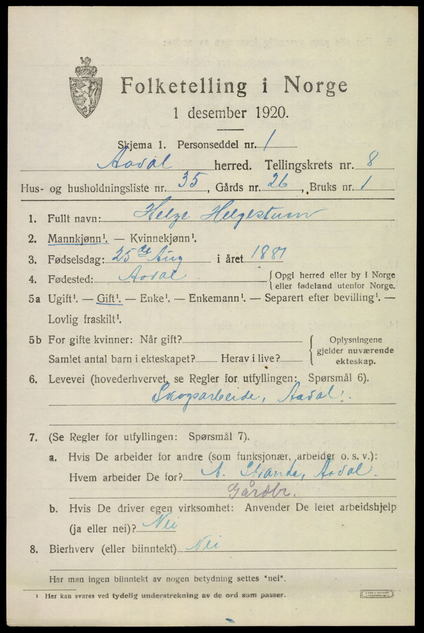 SAKO, 1920 census for Ådal, 1920, p. 5732