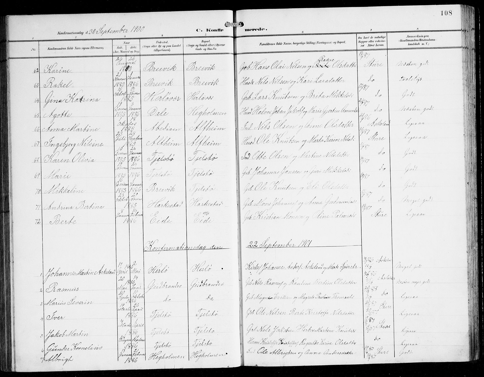 Herdla Sokneprestembete, SAB/A-75701/H/Hab: Parish register (copy) no. C 1, 1900-1913, p. 108