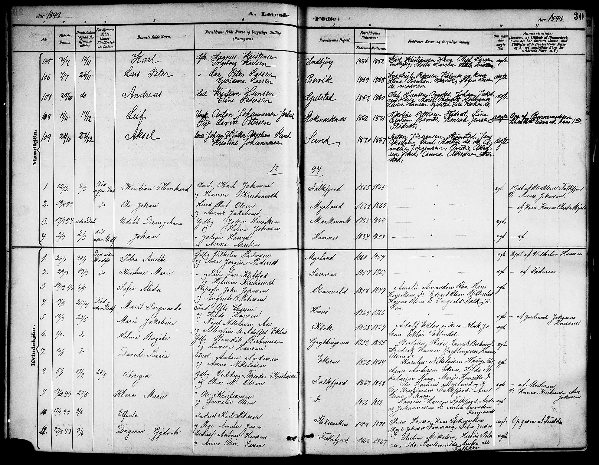 Ministerialprotokoller, klokkerbøker og fødselsregistre - Nordland, AV/SAT-A-1459/888/L1268: Parish register (copy) no. 888C06, 1891-1908, p. 30