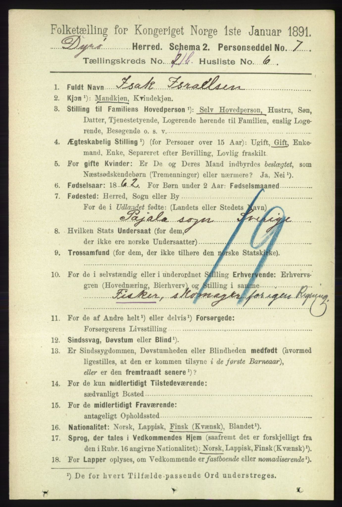 RA, 1891 census for 1926 Dyrøy, 1891, p. 424