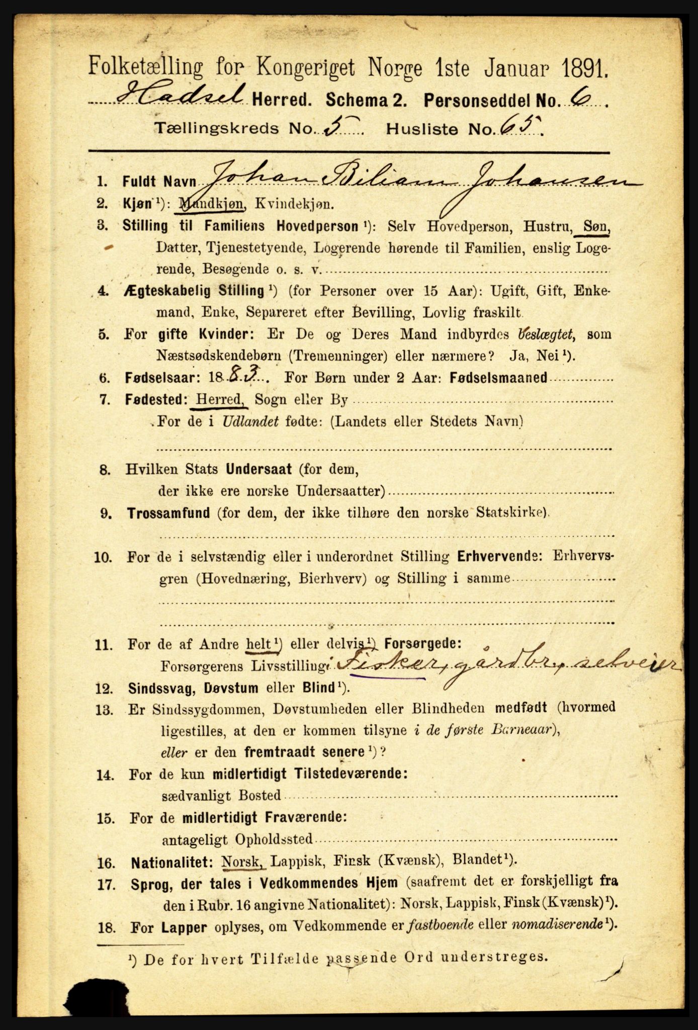 RA, 1891 census for 1866 Hadsel, 1891, p. 2574