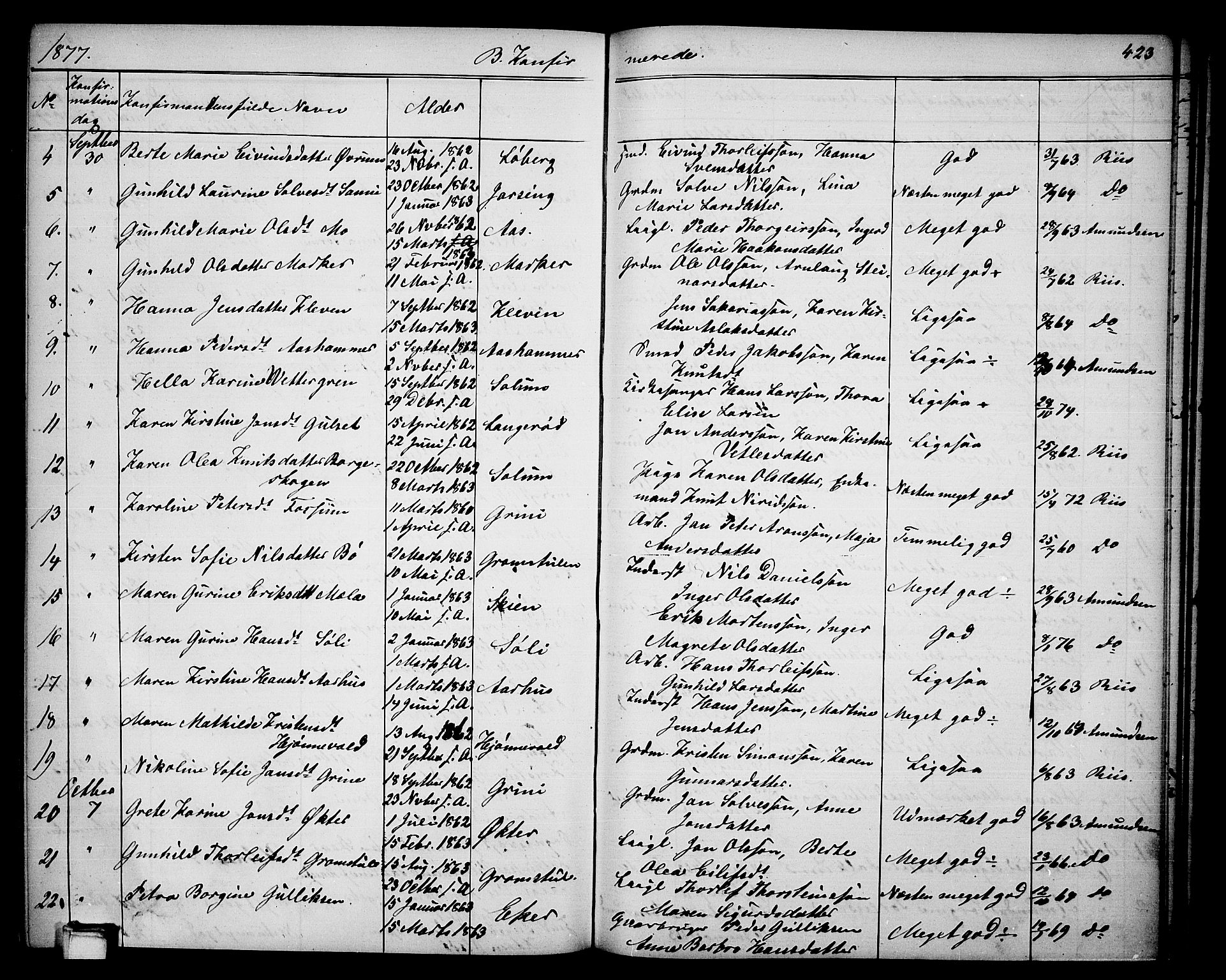 Gjerpen kirkebøker, SAKO/A-265/G/Ga/L0001: Parish register (copy) no. I 1, 1864-1882, p. 423