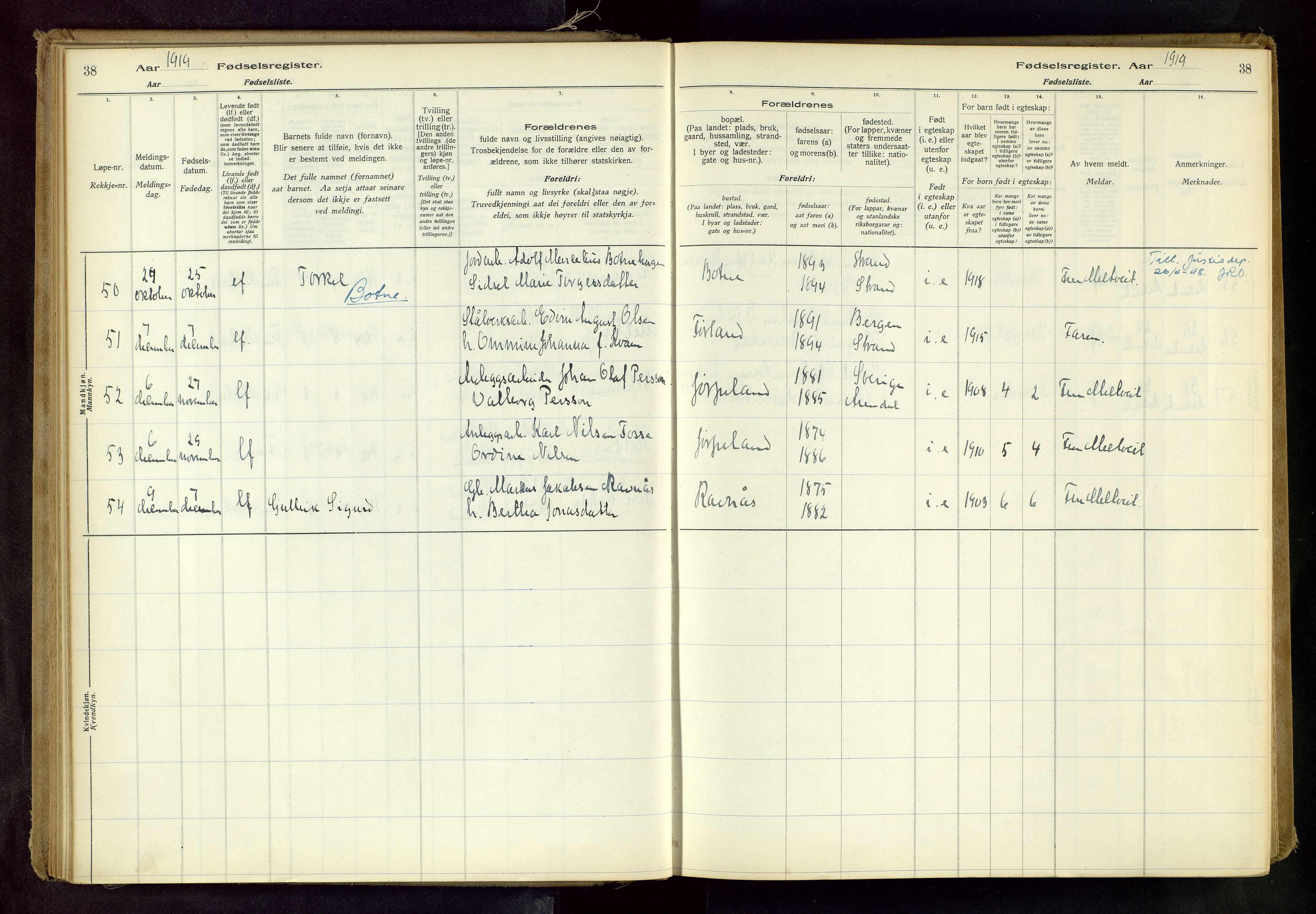 Strand sokneprestkontor, AV/SAST-A-101828/I/Id/L0001: Birth register no. 1, 1916-1938, p. 38