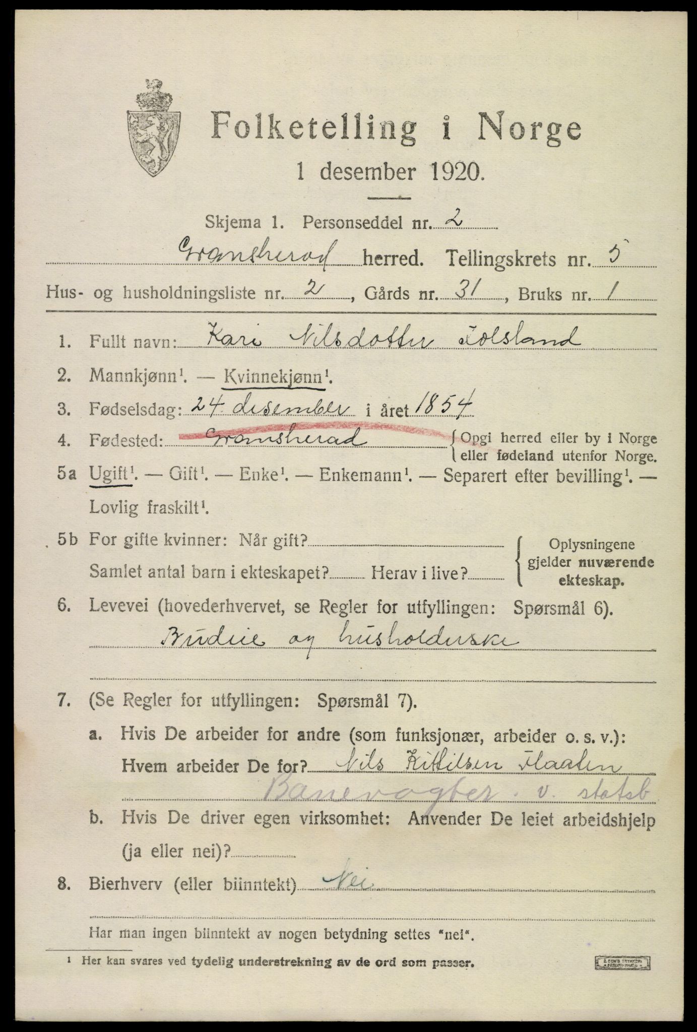 SAKO, 1920 census for Gransherad, 1920, p. 1978