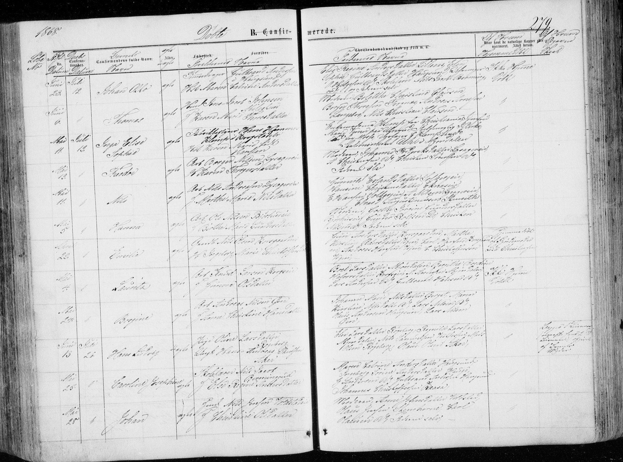 Eiker kirkebøker, AV/SAKO-A-4/G/Ga/L0003: Parish register (copy) no. I 3, 1856-1871, p. 279