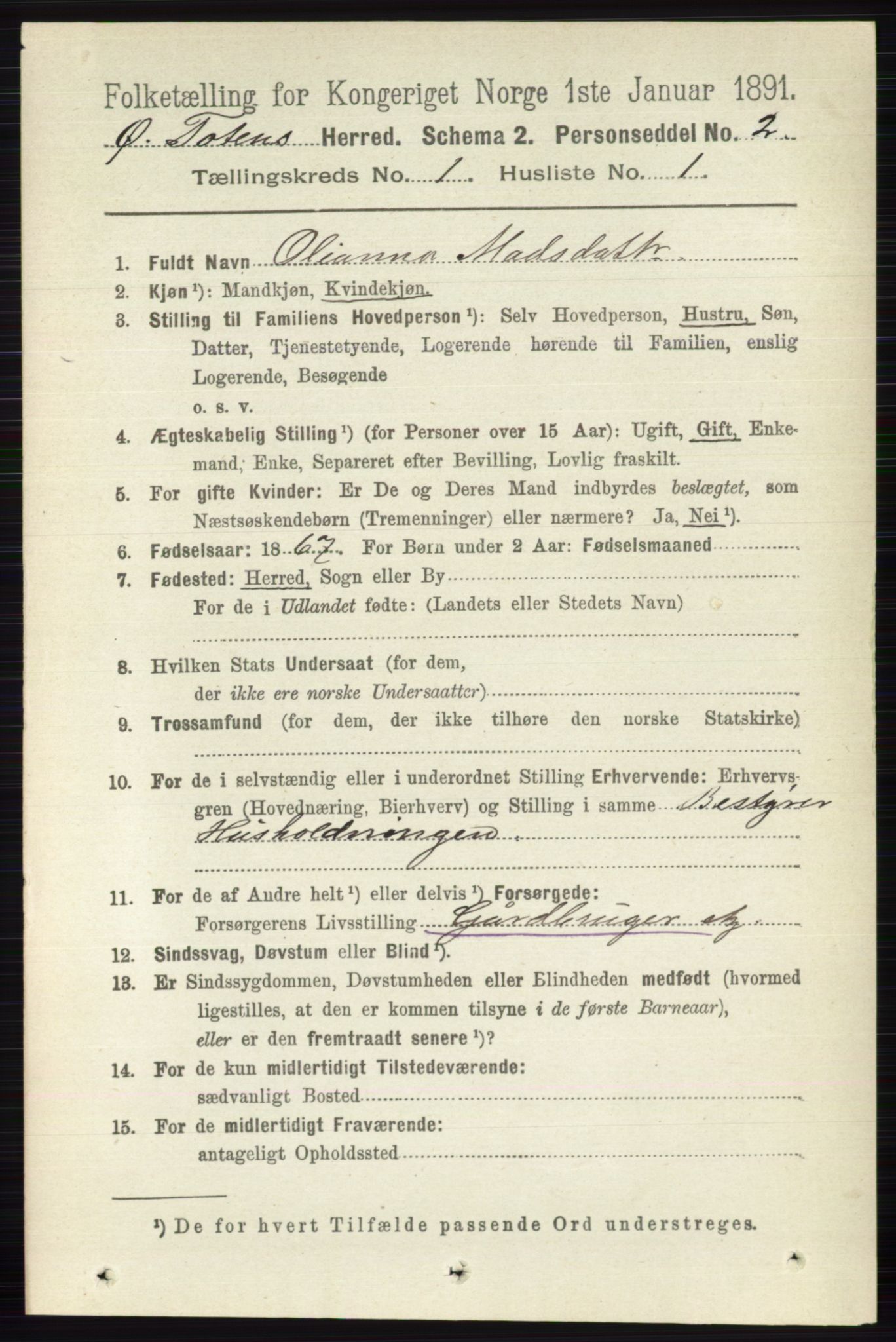 RA, 1891 census for 0528 Østre Toten, 1891, p. 144