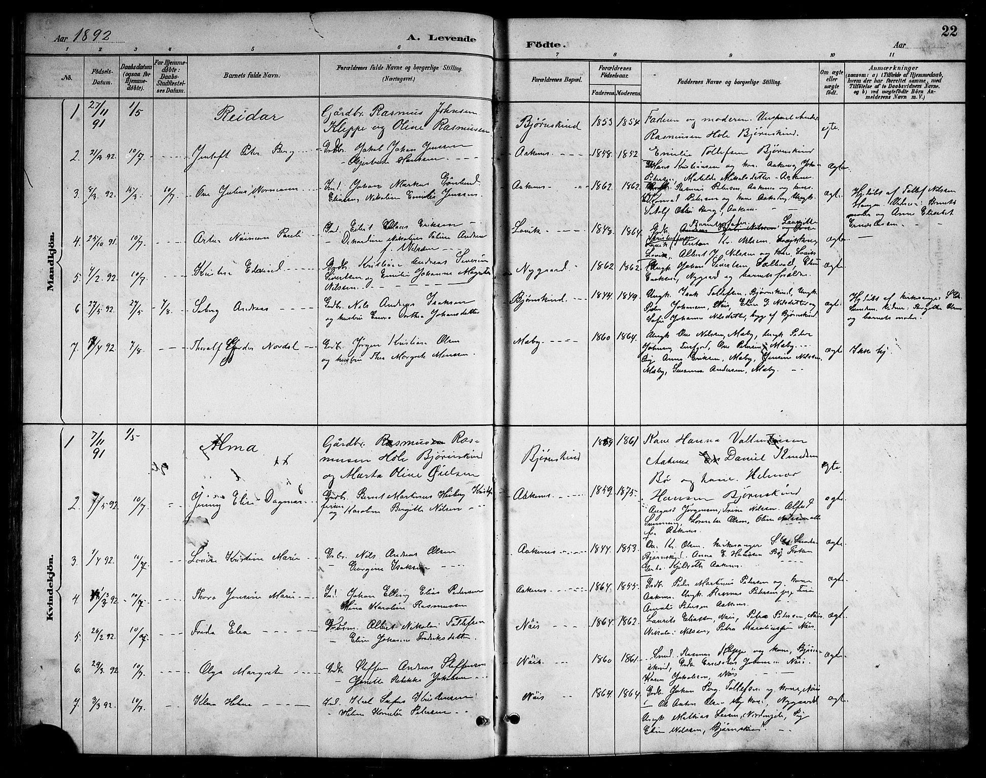 Ministerialprotokoller, klokkerbøker og fødselsregistre - Nordland, AV/SAT-A-1459/898/L1427: Parish register (copy) no. 898C02, 1887-1917, p. 22