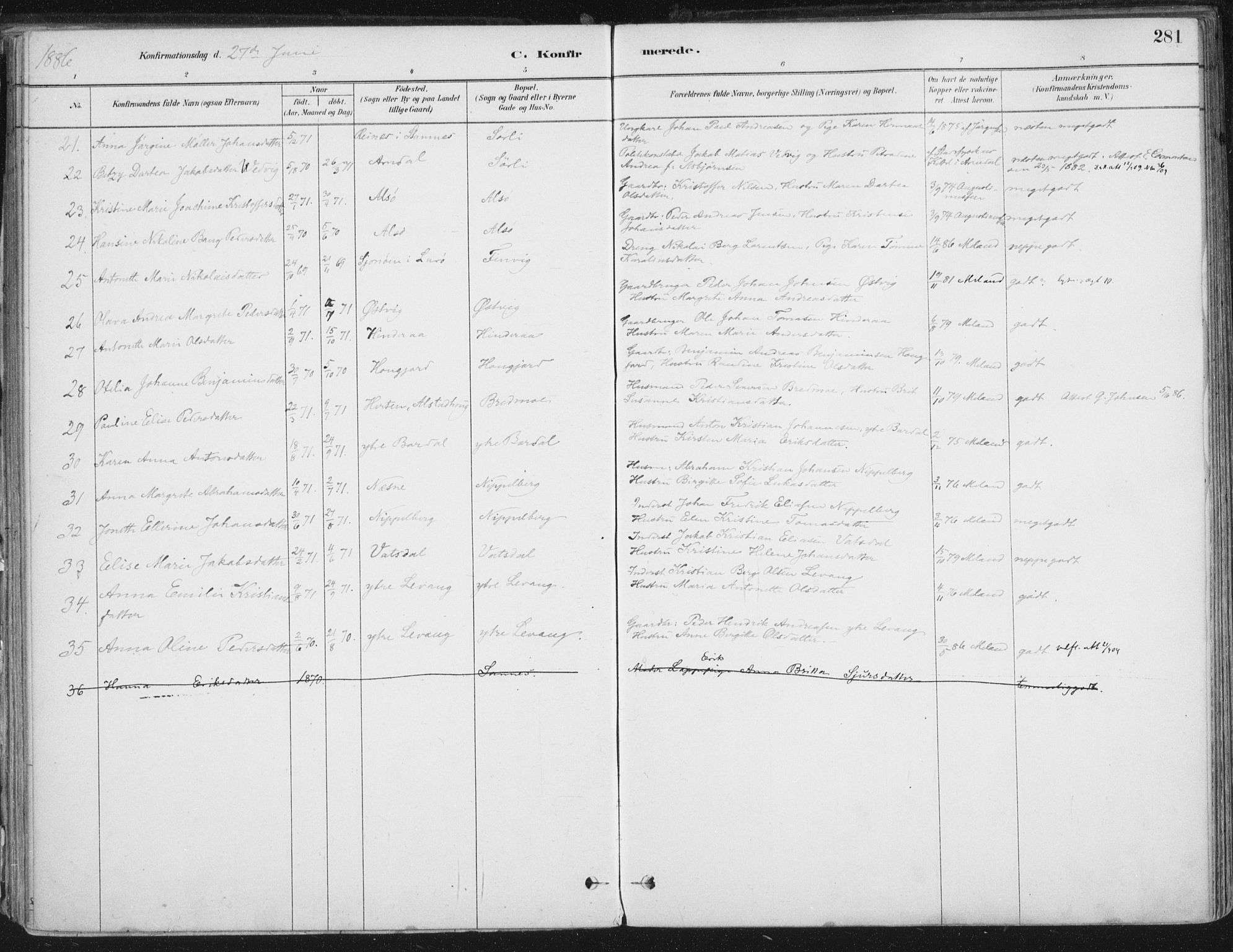 Ministerialprotokoller, klokkerbøker og fødselsregistre - Nordland, AV/SAT-A-1459/838/L0552: Parish register (official) no. 838A10, 1880-1910, p. 281