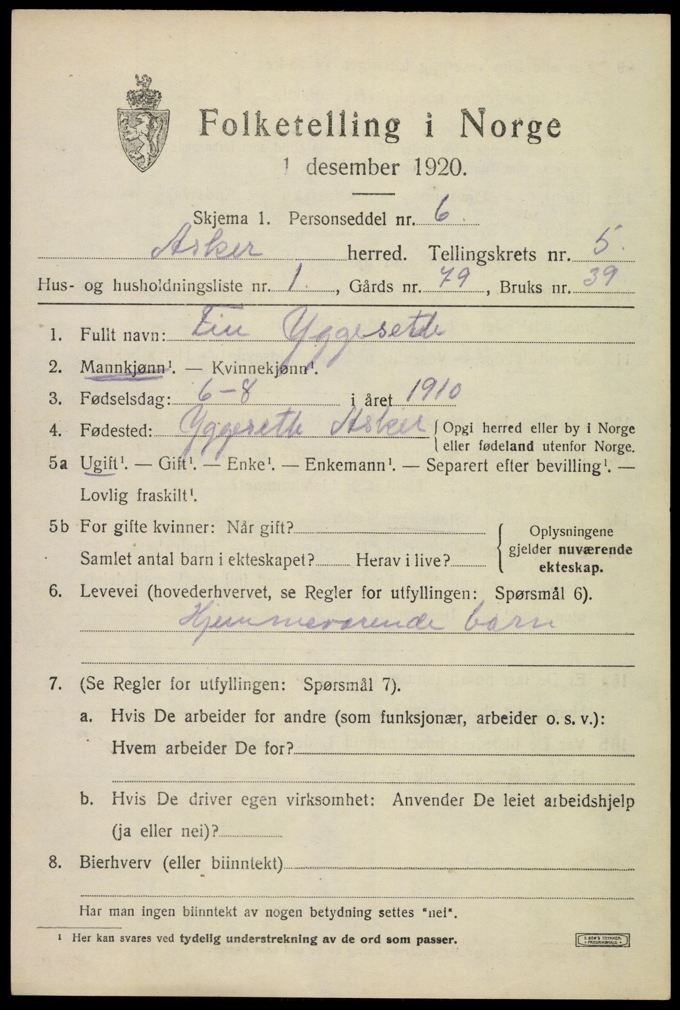 SAO, 1920 census for Asker, 1920, p. 12250