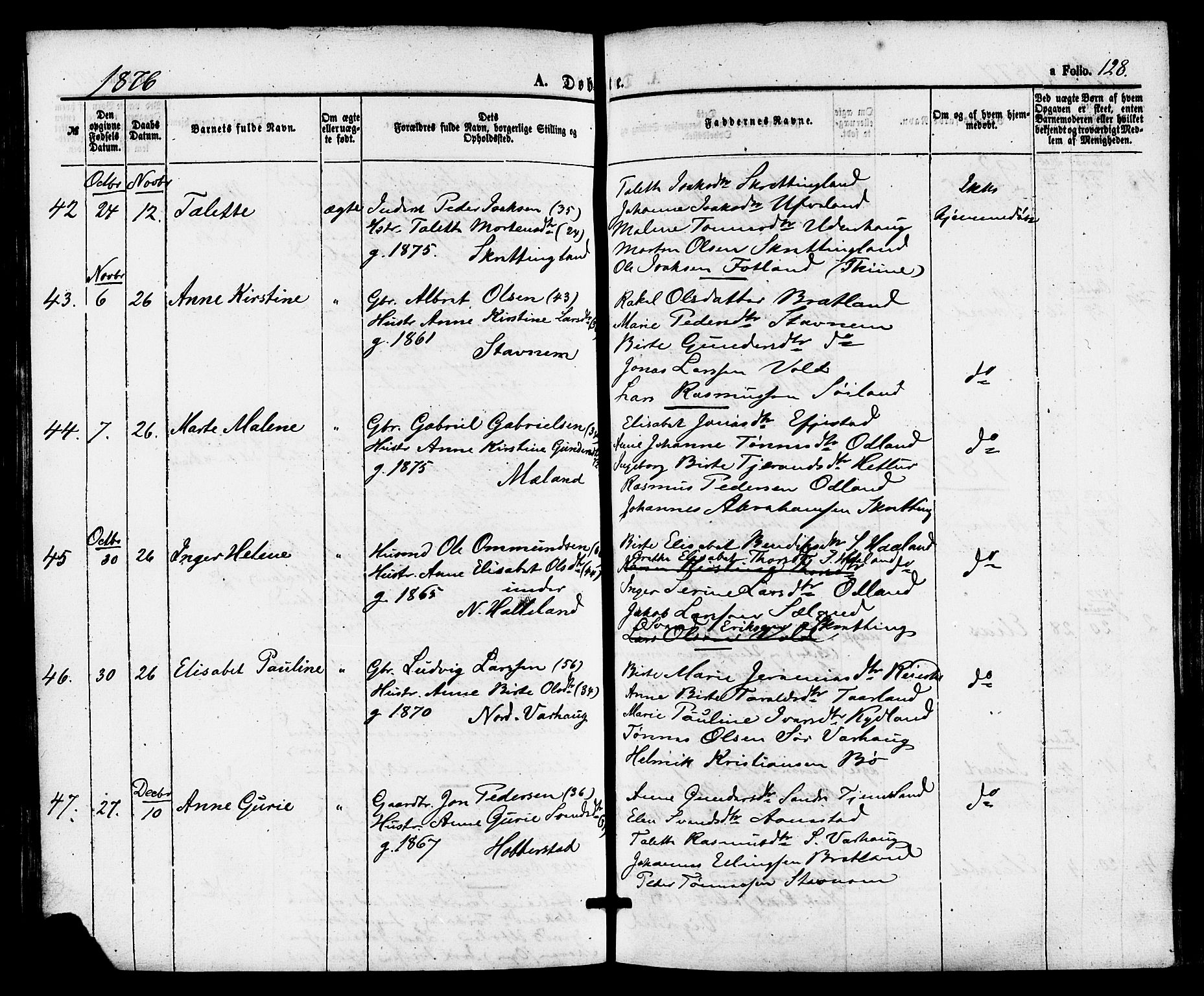 Hå sokneprestkontor, AV/SAST-A-101801/001/30BA/L0009: Parish register (official) no. A 8, 1855-1878, p. 128