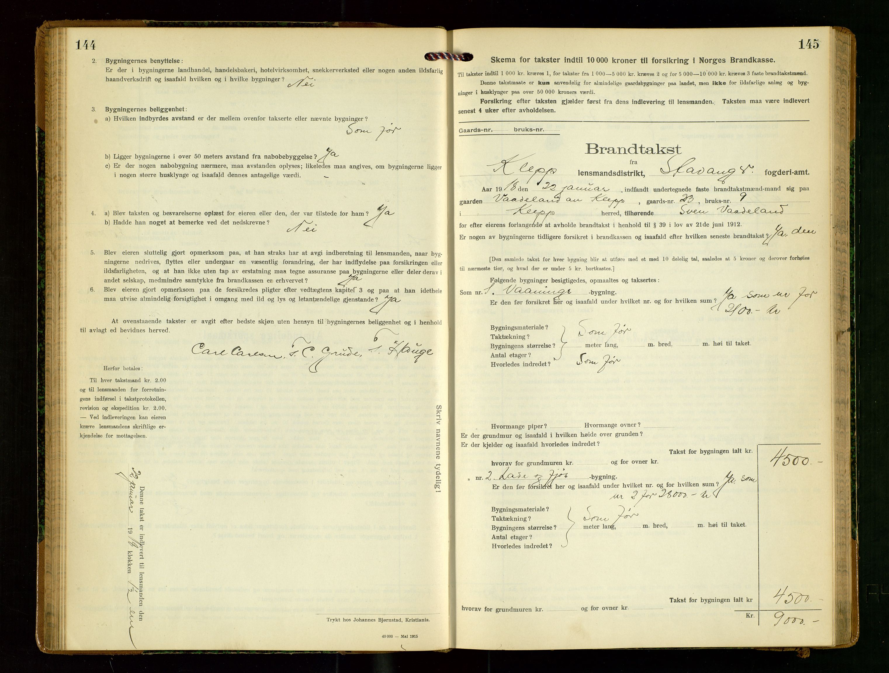 Klepp lensmannskontor, AV/SAST-A-100163/Goc/L0009: "Brandtakstprotokol" m/register, 1917-1919, p. 144-145