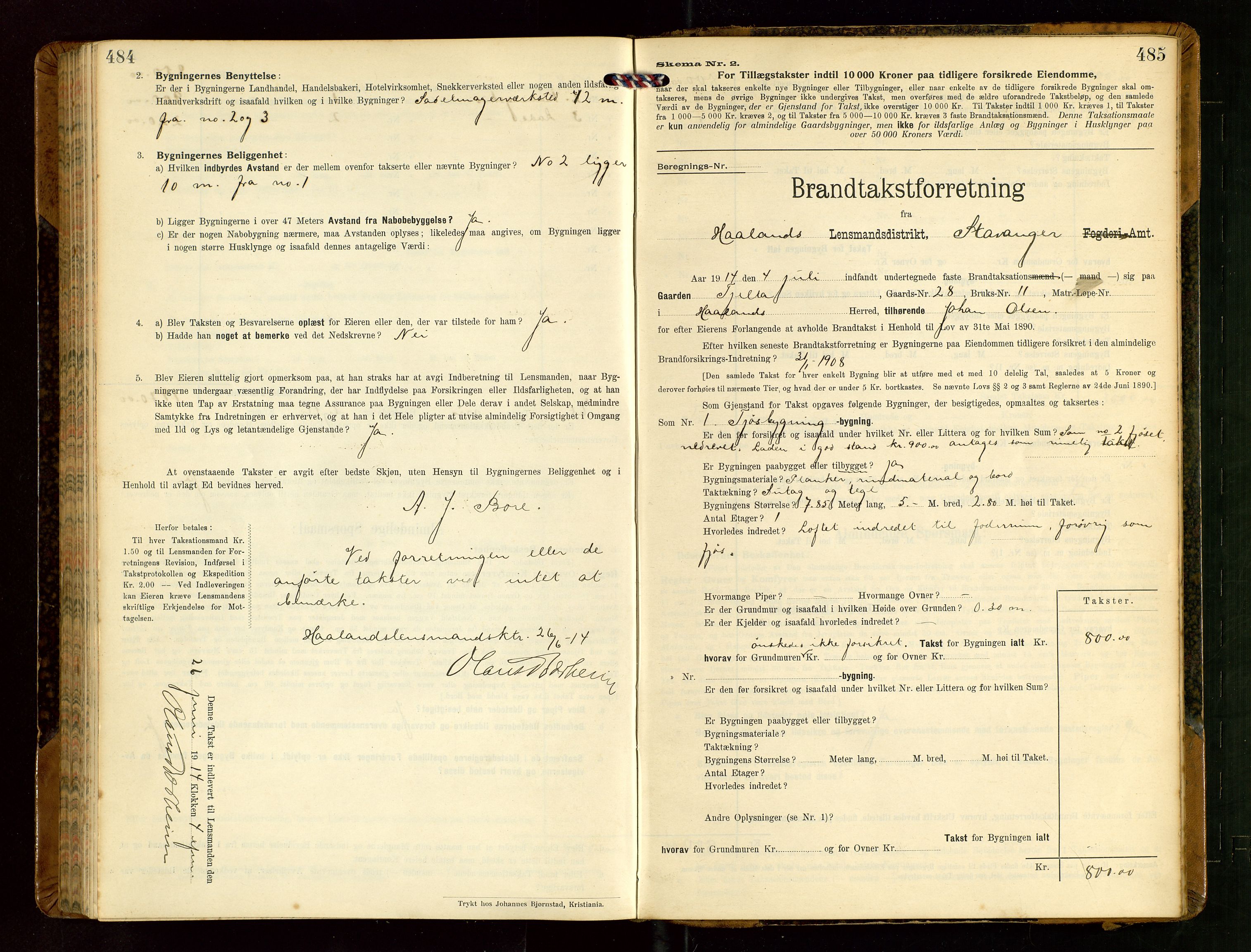 Håland lensmannskontor, AV/SAST-A-100100/Gob/L0004: Branntakstprotokoll - skjematakst. Register i boken., 1913-1915, p. 484-485