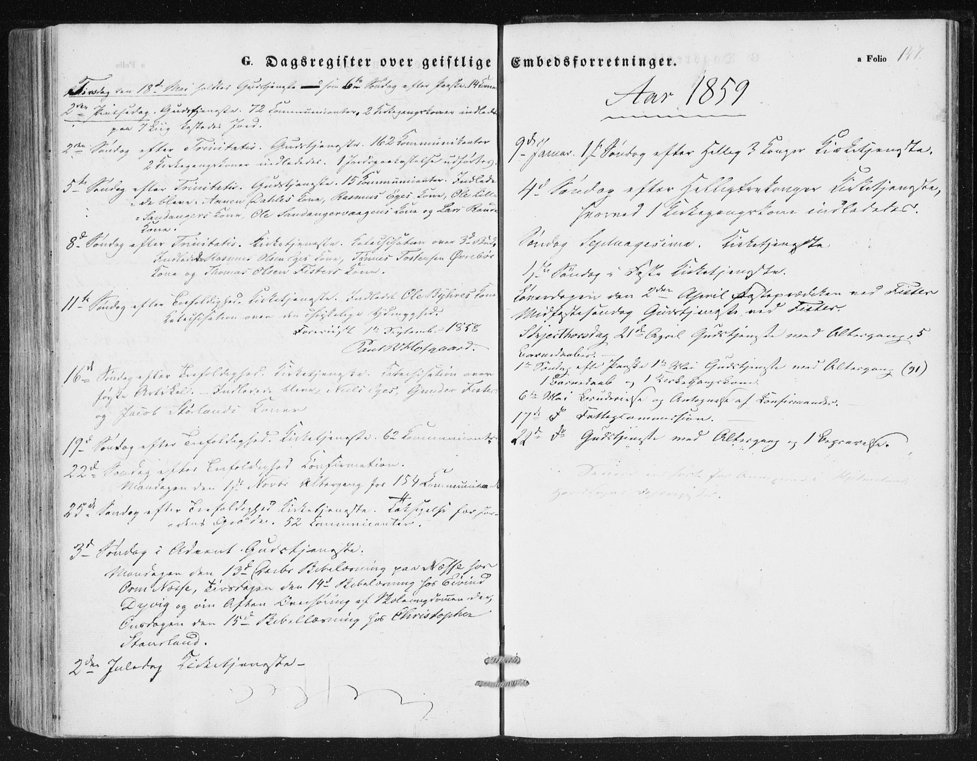 Hjelmeland sokneprestkontor, AV/SAST-A-101843/01/IV/L0010: Parish register (official) no. A 10, 1851-1871, p. 147