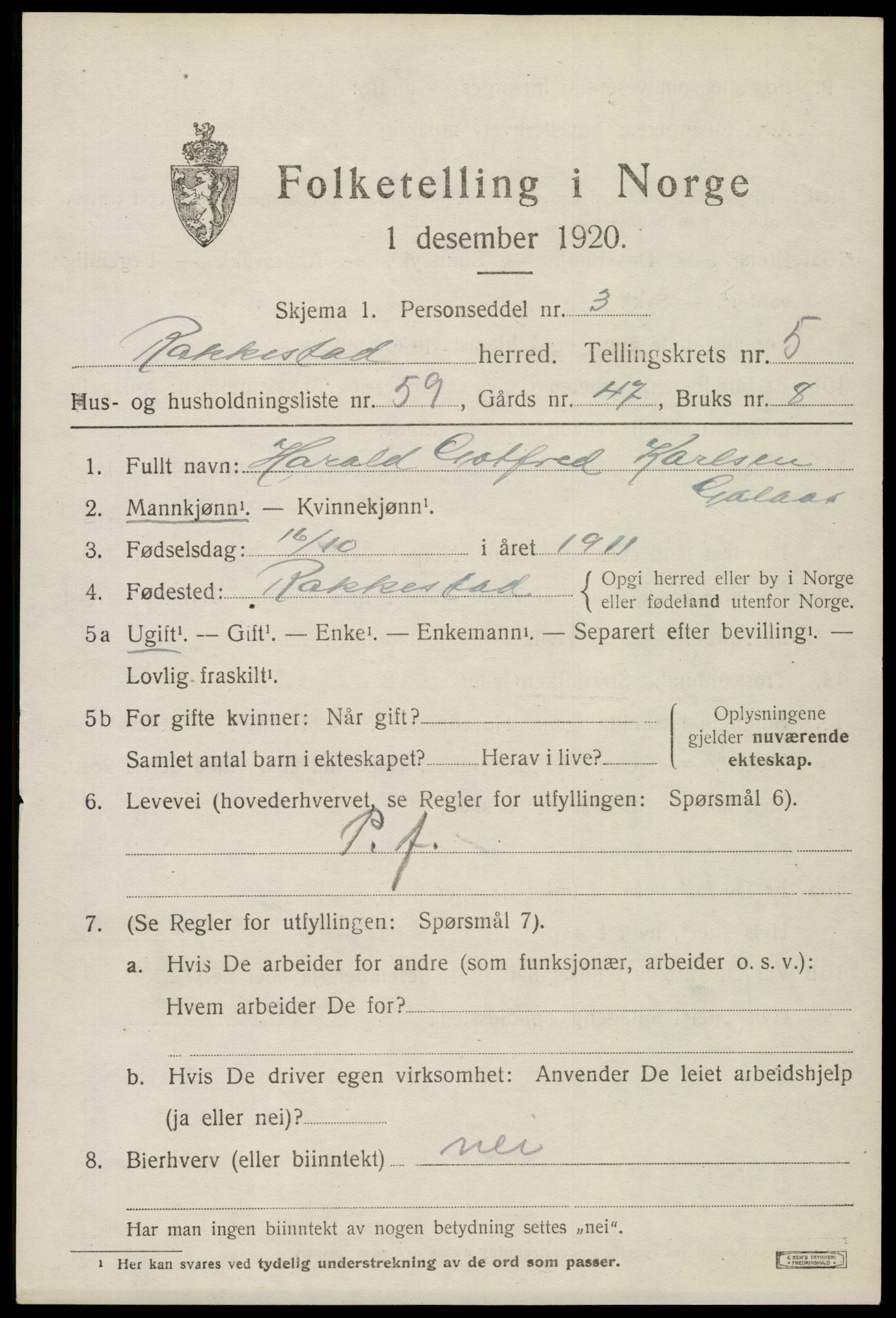 SAO, 1920 census for Rakkestad, 1920, p. 6635