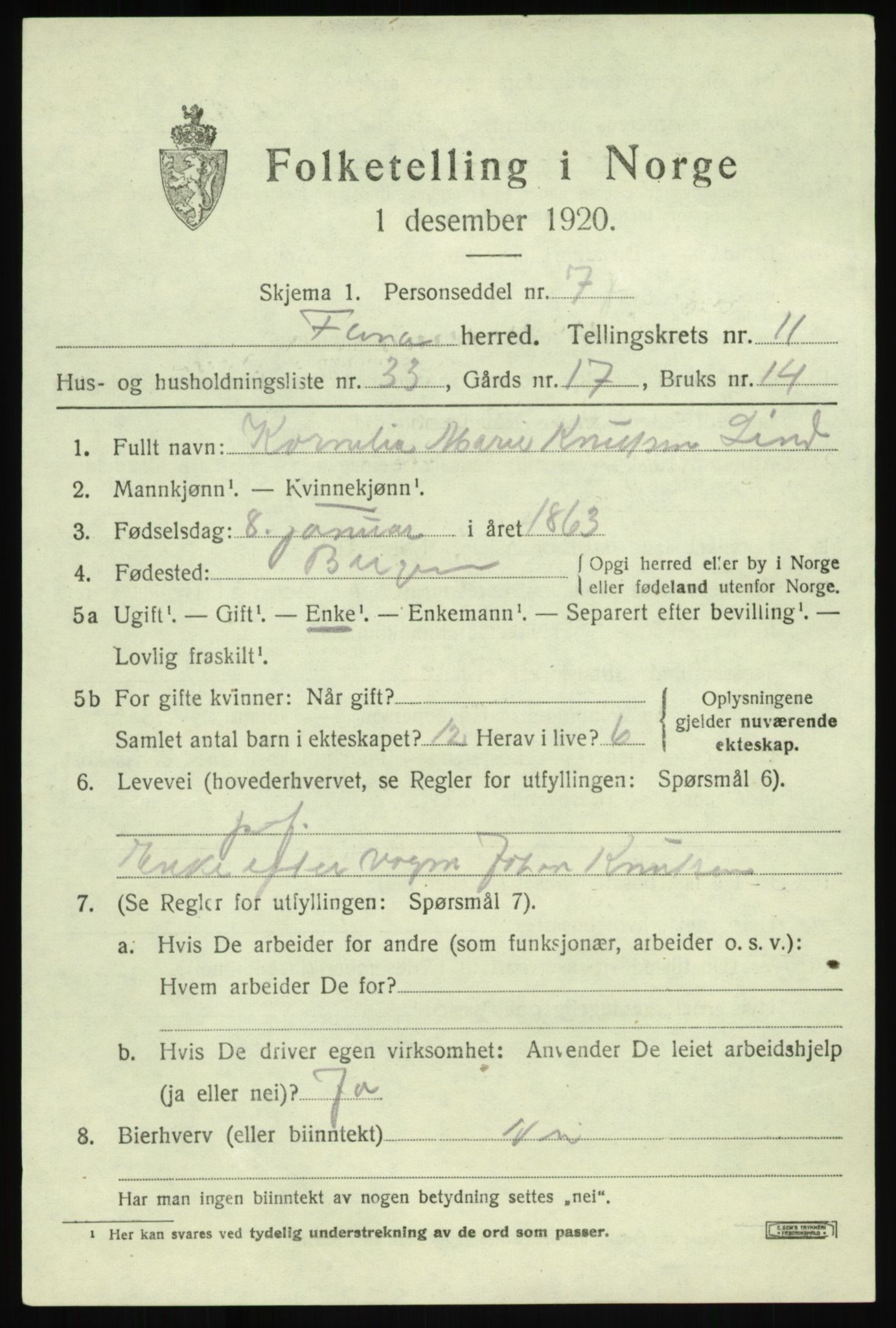 SAB, 1920 census for Fana, 1920, p. 18639