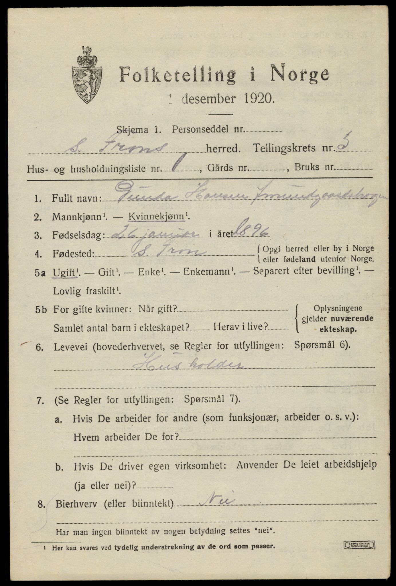 SAH, 1920 census for Sør-Fron, 1920, p. 3489