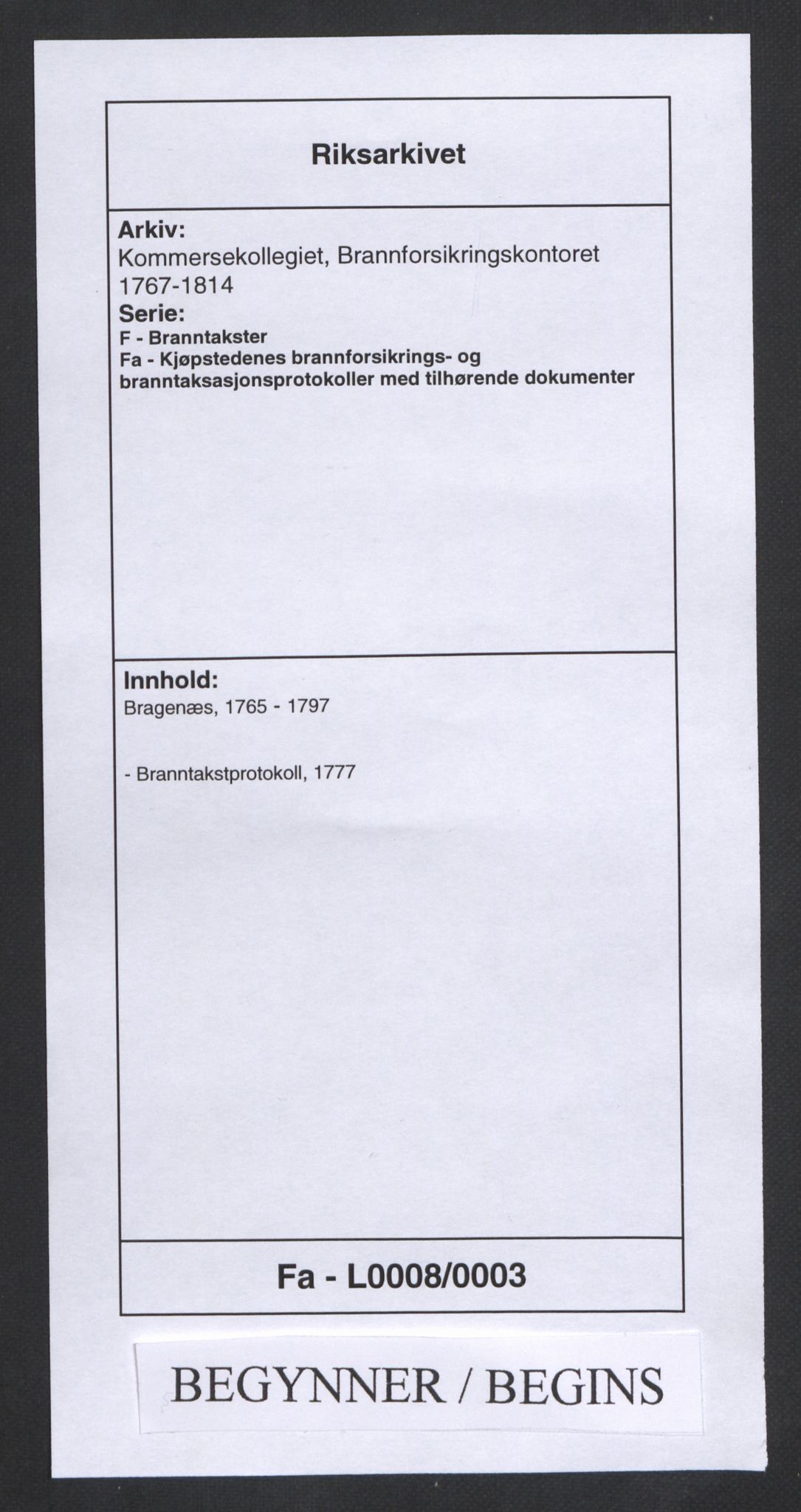 Kommersekollegiet, Brannforsikringskontoret 1767-1814, AV/RA-EA-5458/F/Fa/L0008/0003: Bragernes / Branntakstprotokoll, 1777