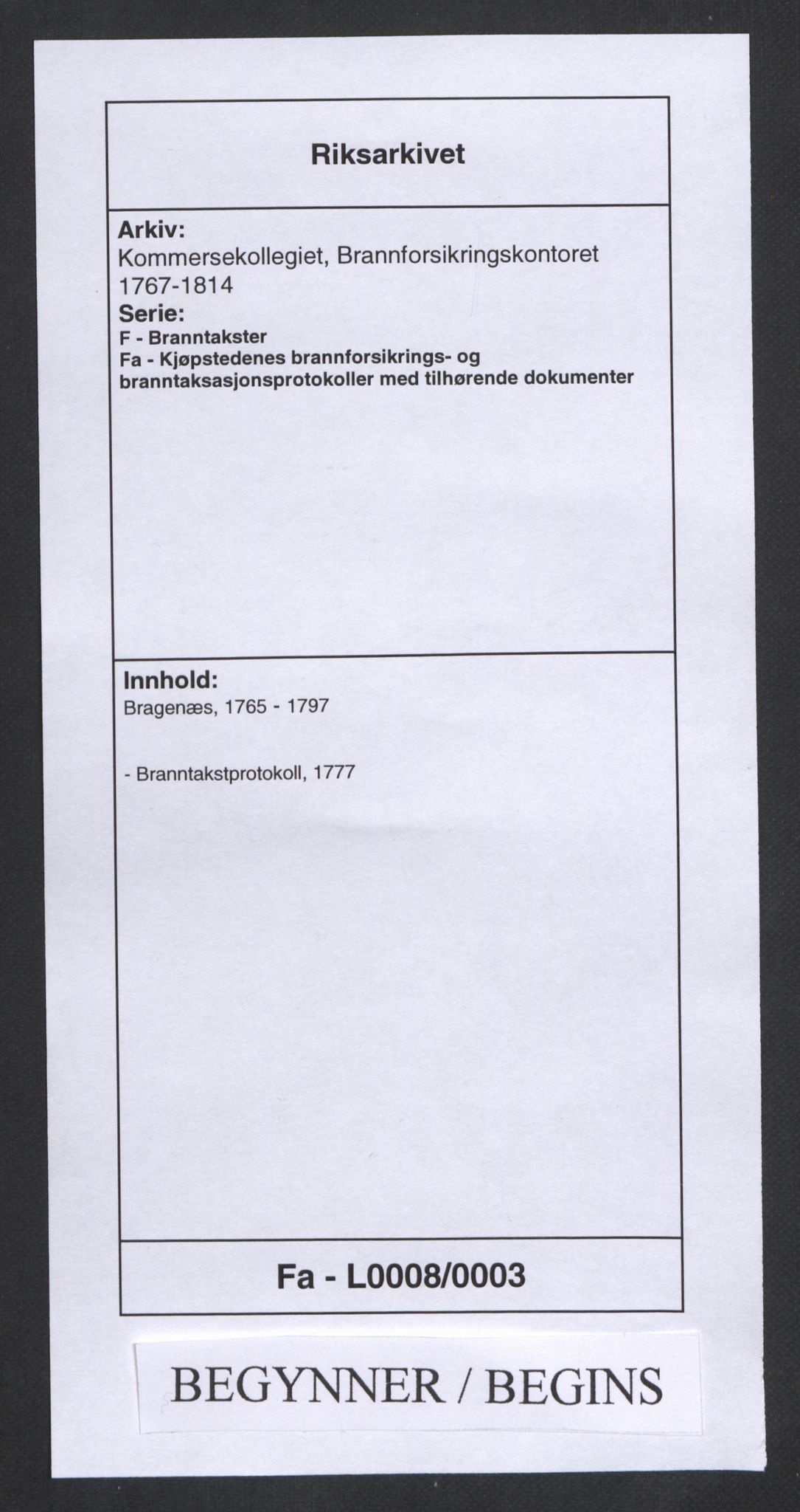 Kommersekollegiet, Brannforsikringskontoret 1767-1814, RA/EA-5458/F/Fa/L0008/0003: Bragernes / Branntakstprotokoll, 1777