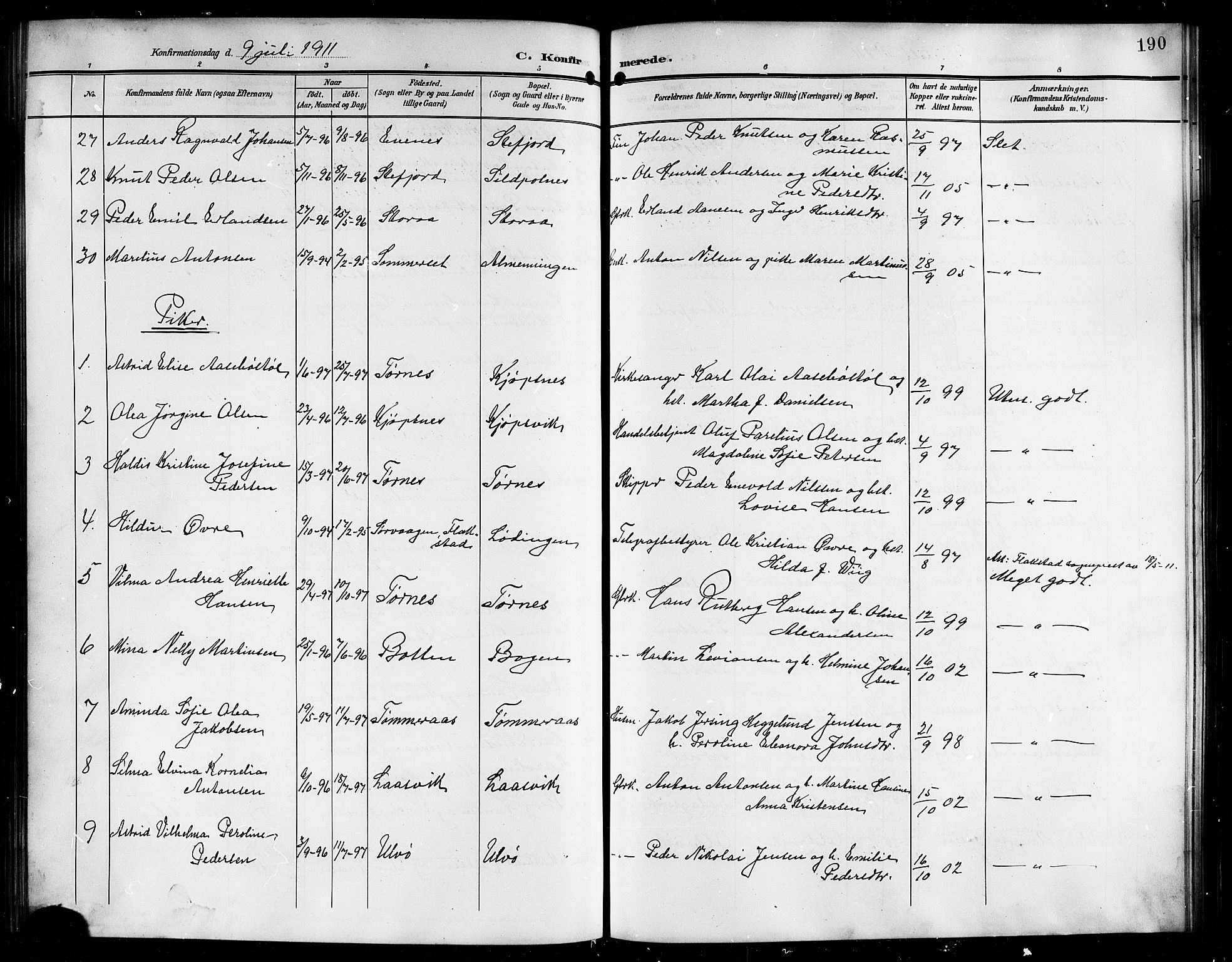 Ministerialprotokoller, klokkerbøker og fødselsregistre - Nordland, AV/SAT-A-1459/861/L0877: Parish register (copy) no. 861C03, 1903-1919, p. 190