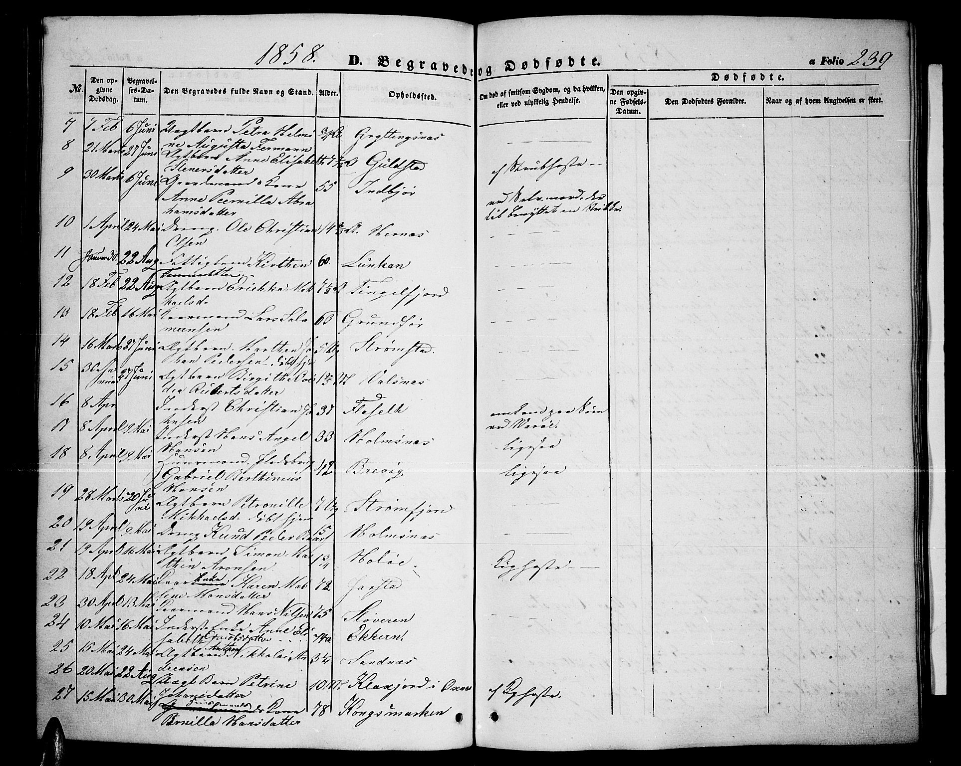 Ministerialprotokoller, klokkerbøker og fødselsregistre - Nordland, AV/SAT-A-1459/888/L1265: Parish register (copy) no. 888C03, 1850-1863, p. 239