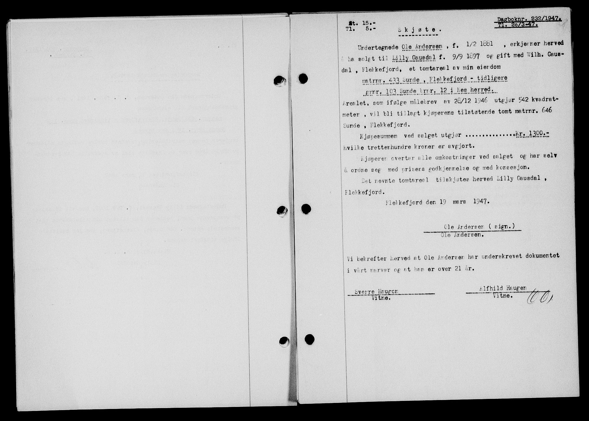 Flekkefjord sorenskriveri, SAK/1221-0001/G/Gb/Gba/L0061: Mortgage book no. A-9, 1946-1947, Diary no: : 232/1947